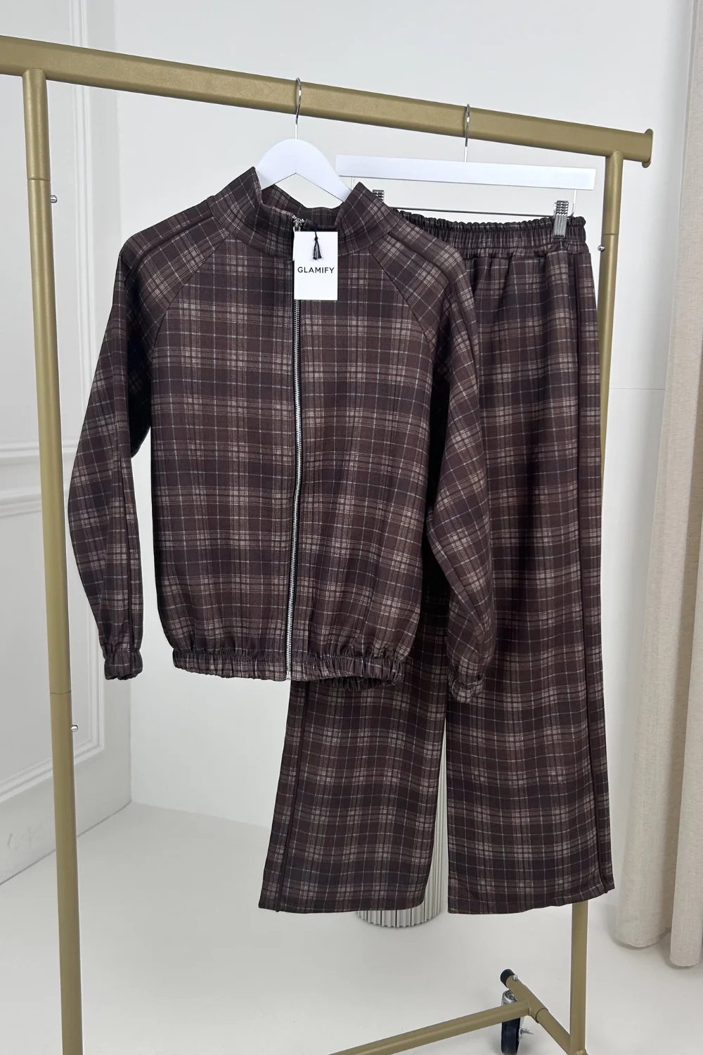 COLE CHOCOLATE CHECKED PIPING TRACKSUIT CO ORD TWO PIECE SET - Image 2