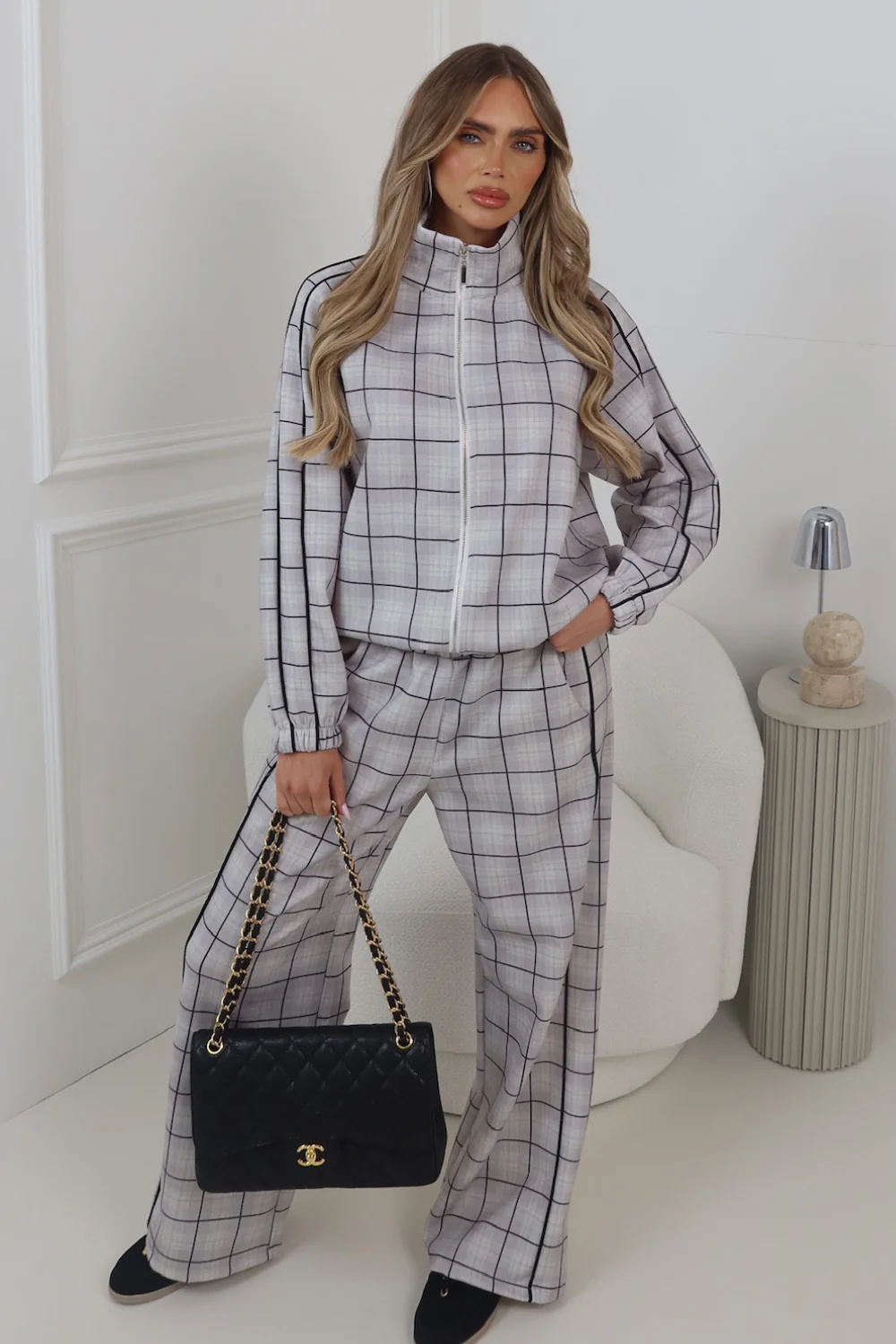 COLE GREY CHECKED PIPING TRACKSUIT CO ORD TWO PIECE SET