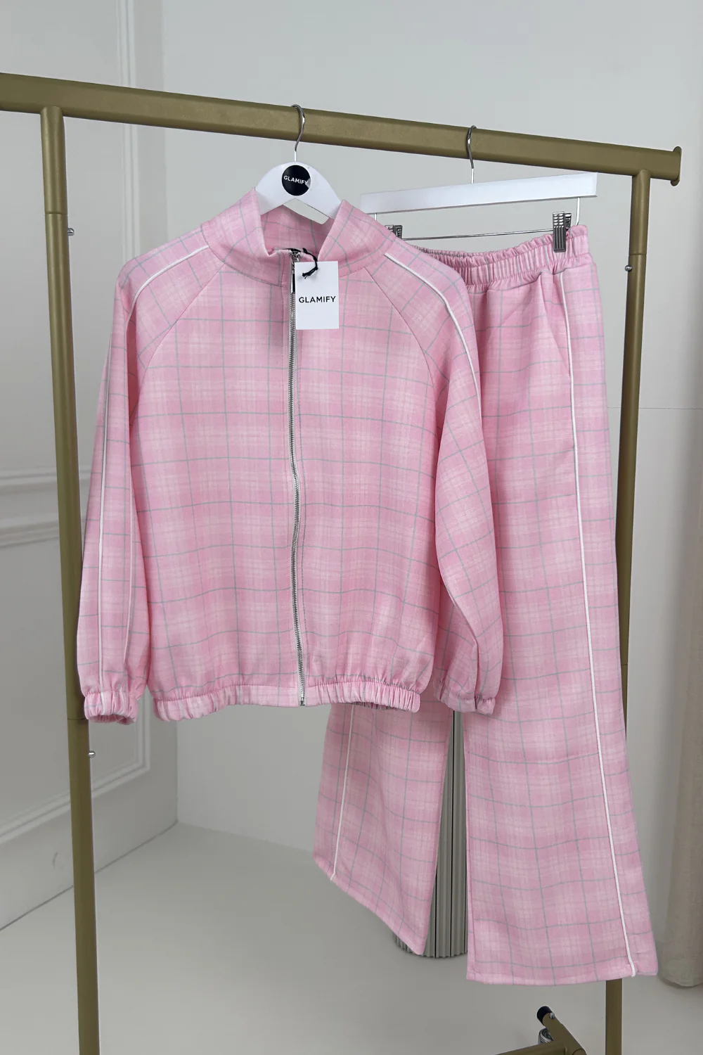 COLE PINK CHECKED PIPING TRACKSUIT CO ORD TWO PIECE SET - Image 2