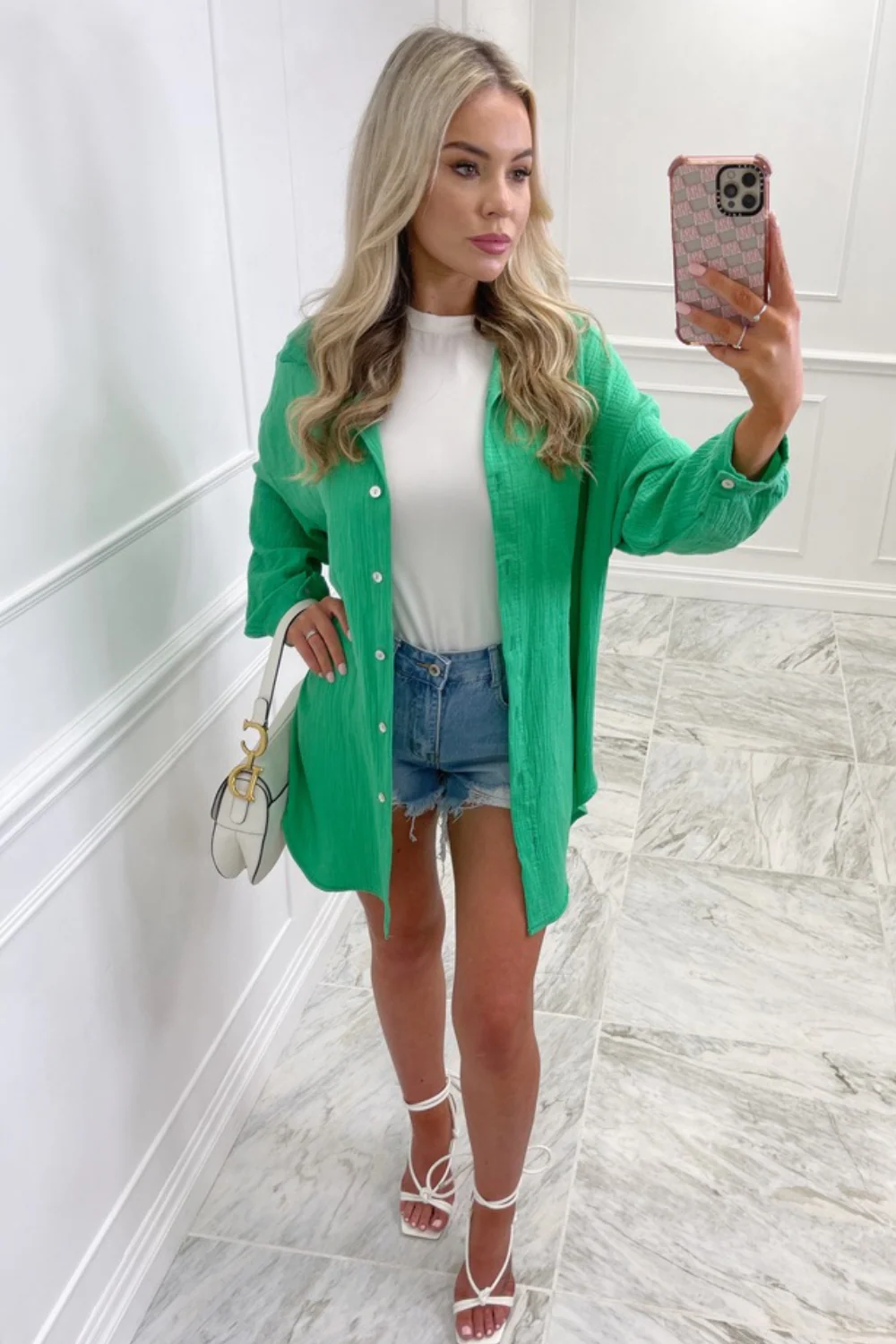 Safia bottle green cheesecloth knot tie button up shirt
