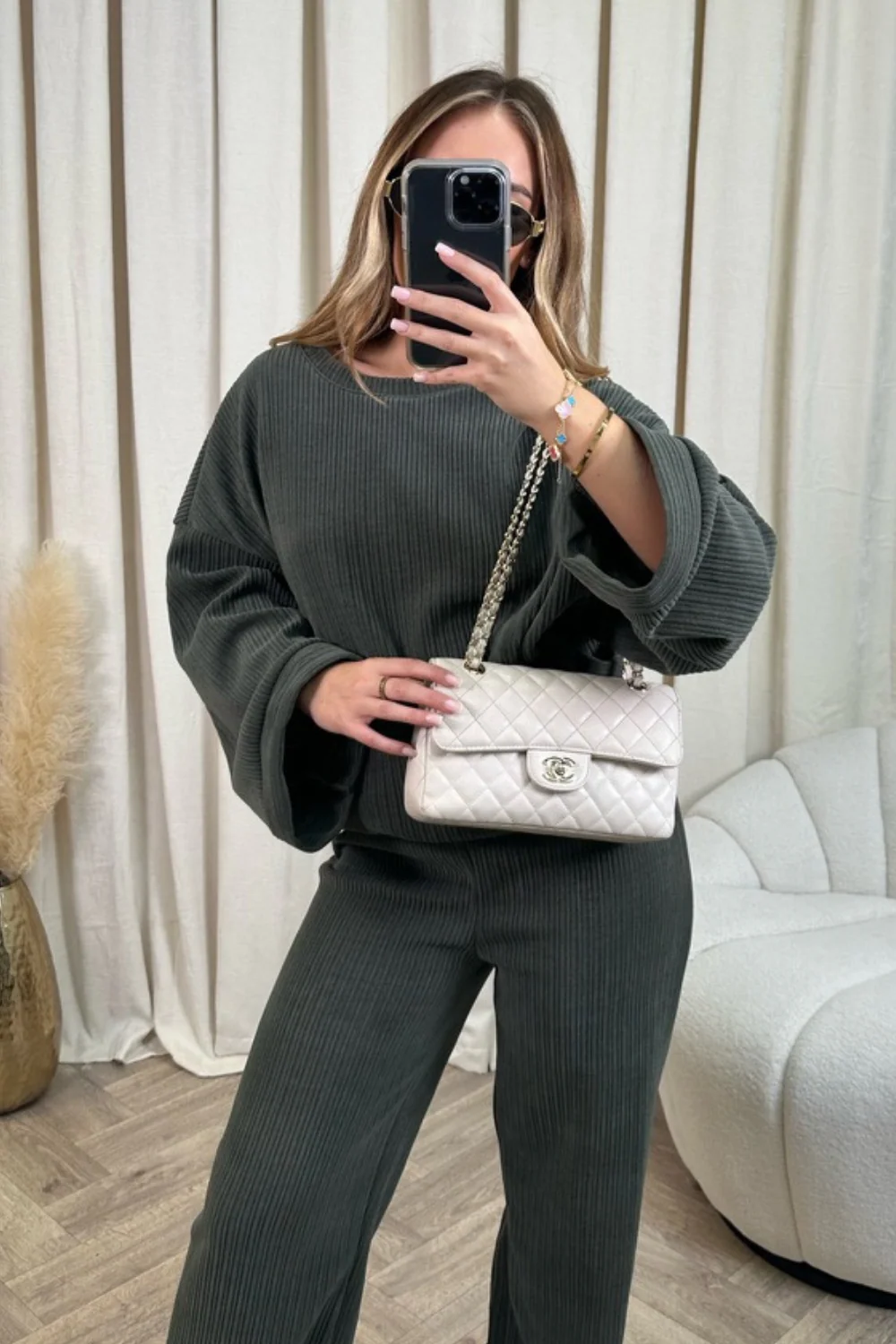 Stephanie khaki ribbed loungewear set - Image 2