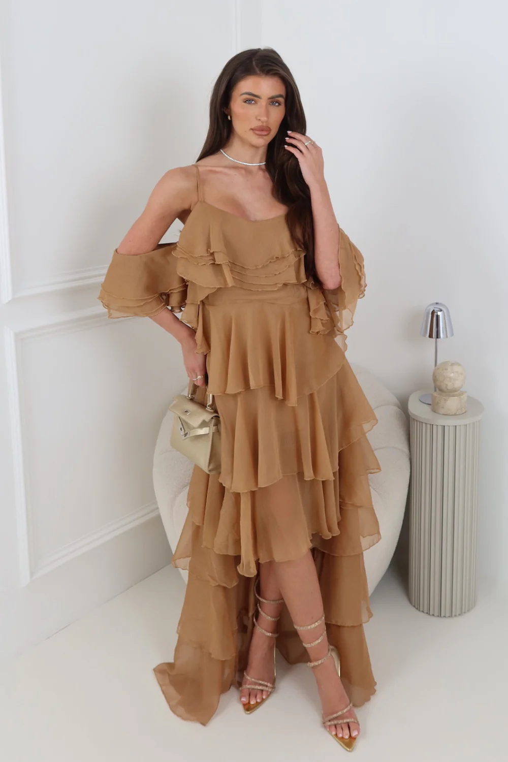 CORAL CARAMEL RUFFLED MAXI DRESS