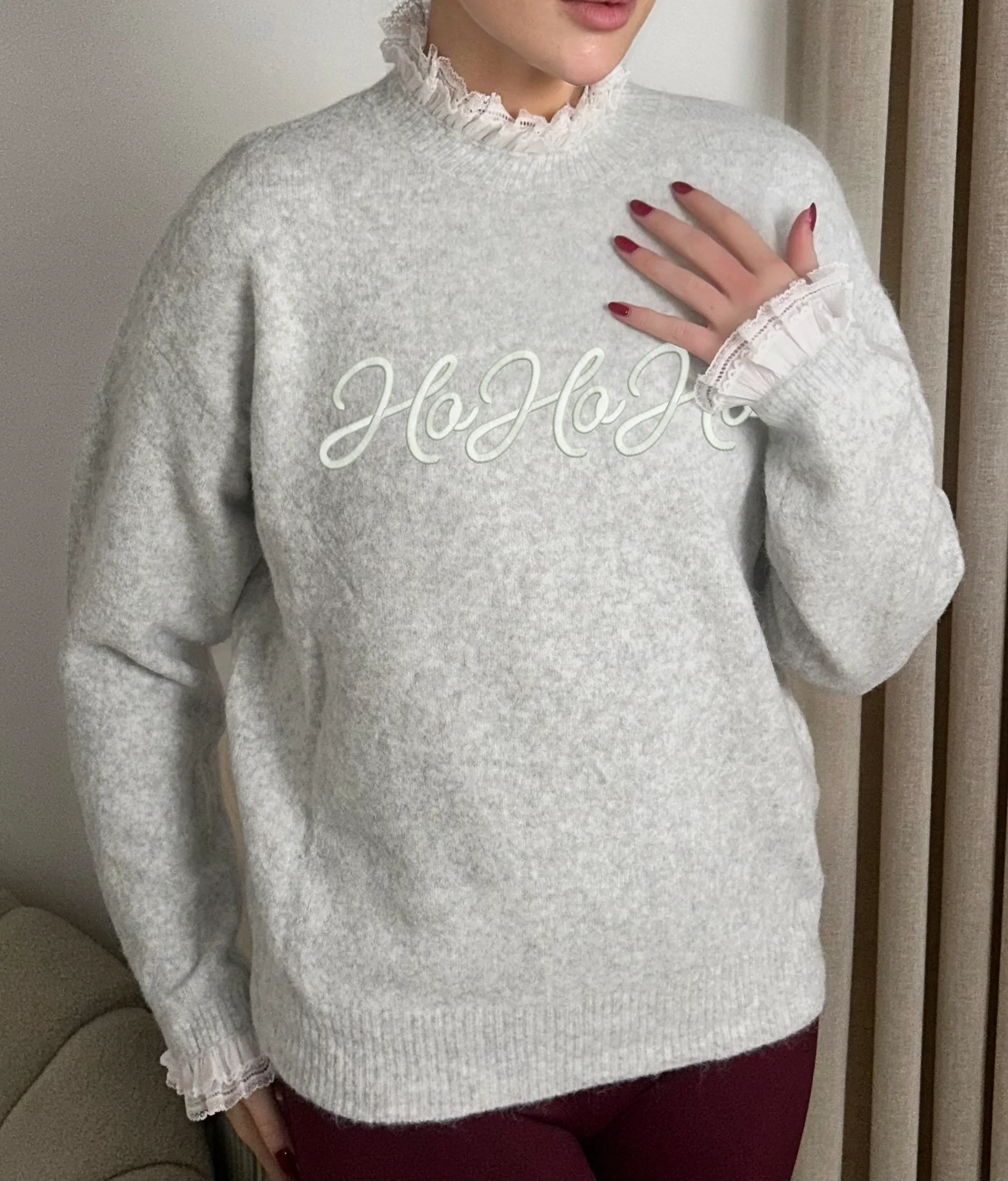 CORDELIA MARL GREY HOHOHO EMBROIDERED LACE TRIM JUMPER