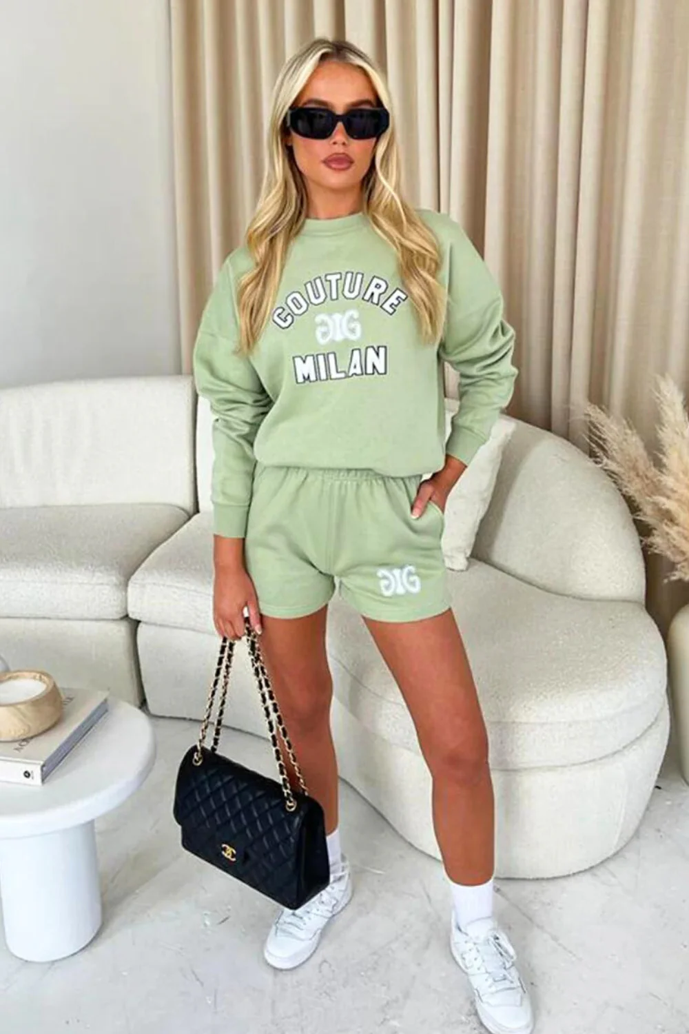 Couture Milan Sage Printed sweater short loungewear set - Image 3