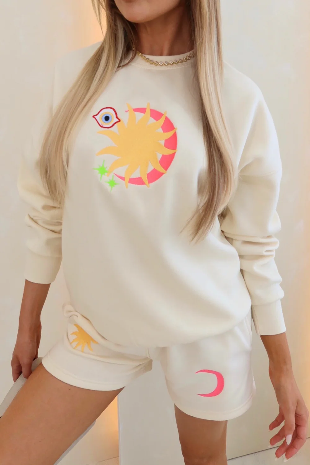Cresent sun ecru embroidered sweater shorts loungewear - Image 2