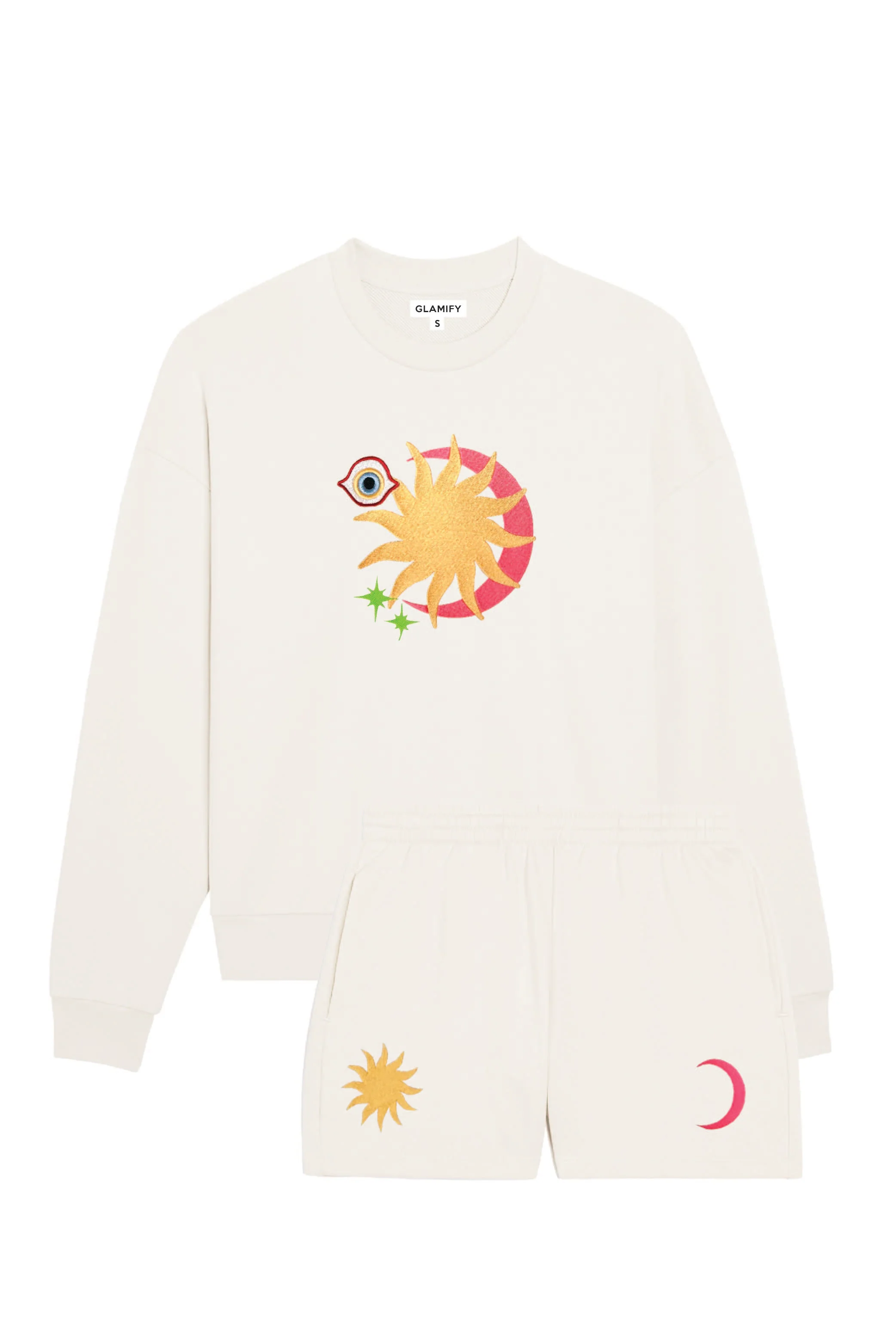 Cresent sun ecru embroidered sweater shorts loungewear - Image 3