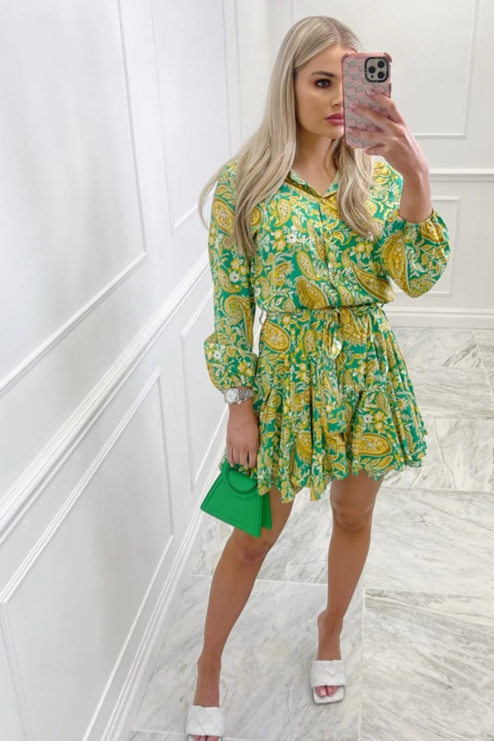Daisy green & yellow floral button up tie waist dress - Image 3