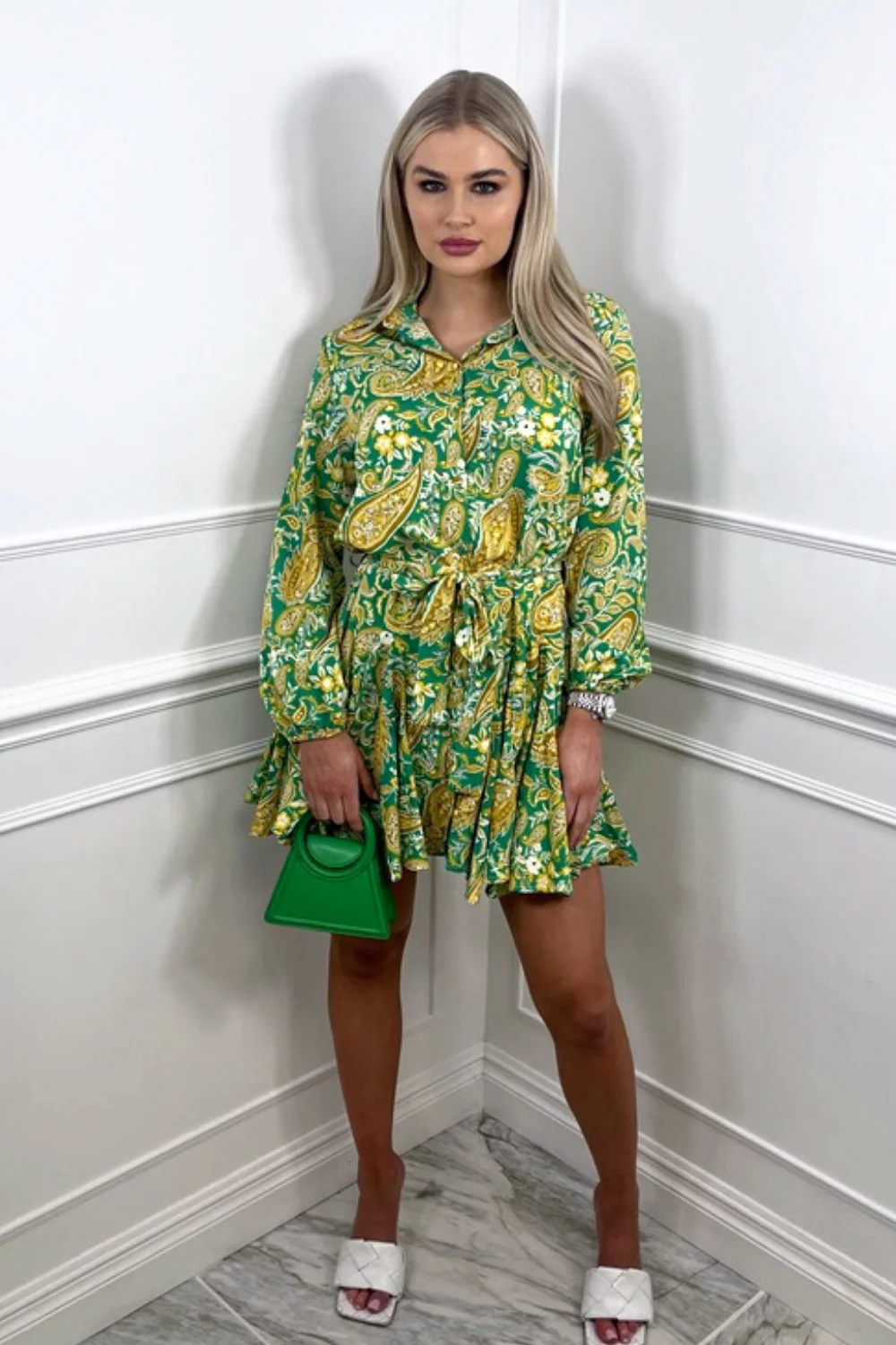 Daisy green & yellow floral button up tie waist dress - Image 4