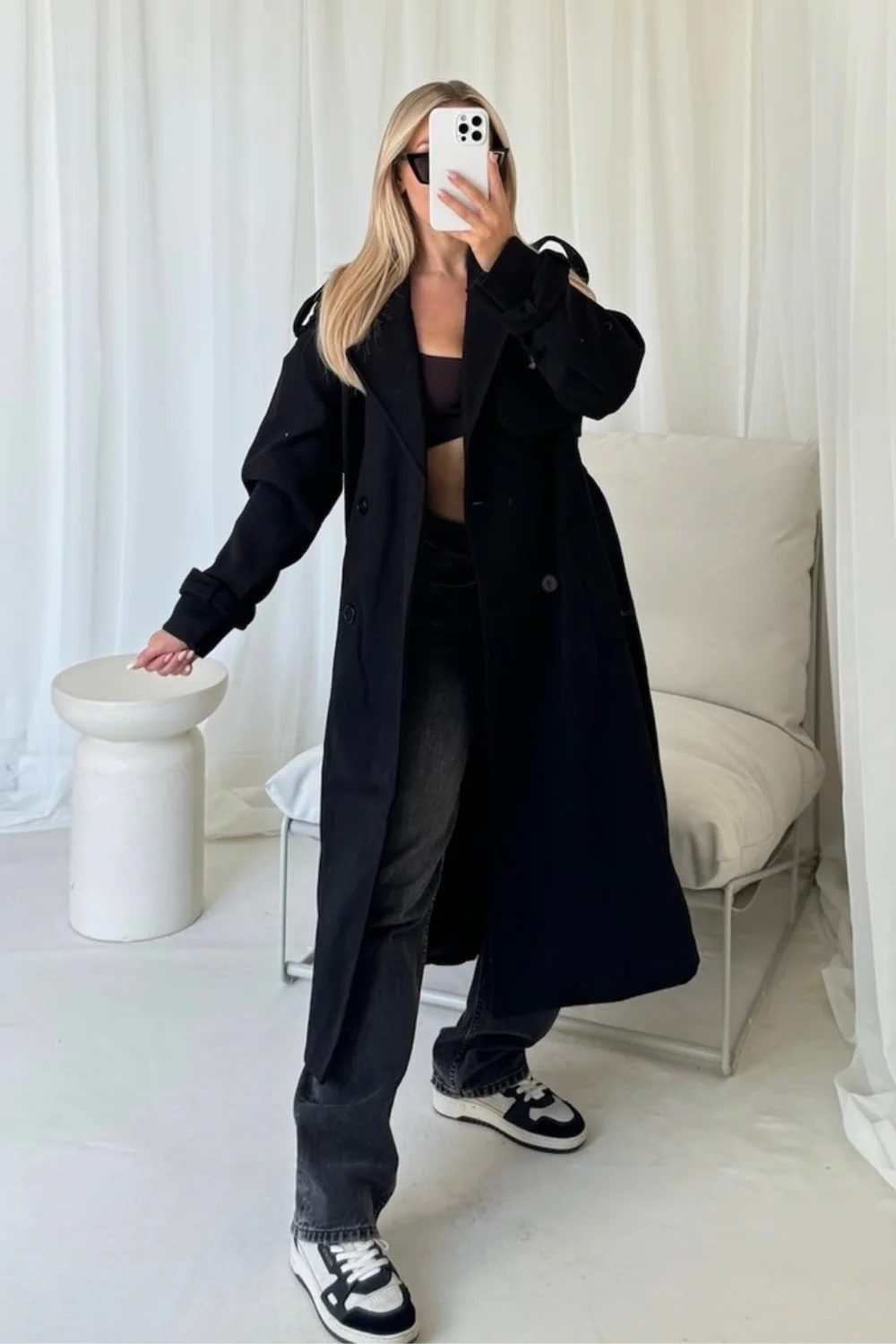 Darla black long trench coat - Image 3