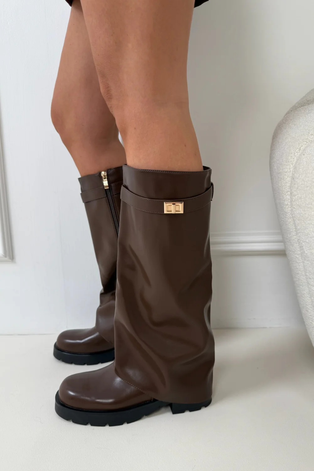 DAYA CHOCOLATE FLAT FOLD OVER STRAPPED BOOTS - Image 2