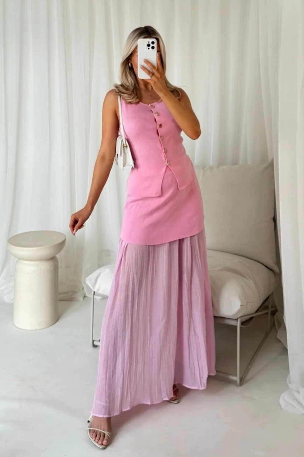 Delilah pink knit waistcoat & pleated sheer maxi skirt - Image 2