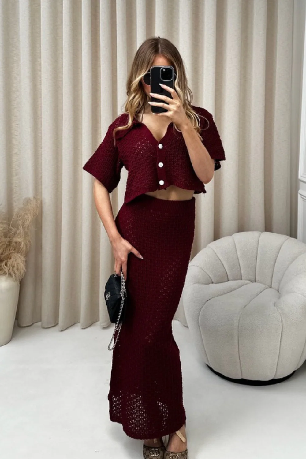 Diana burgundy crochet cardigan skirt co-ord - Image 5