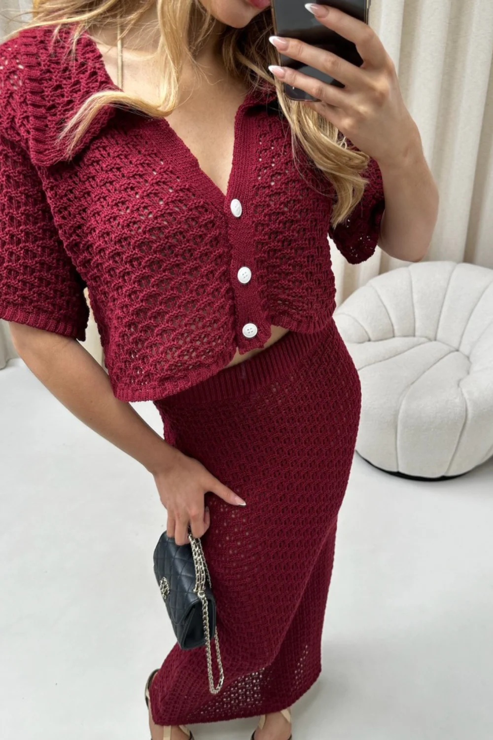 Diana burgundy crochet cardigan skirt co-ord - Image 6
