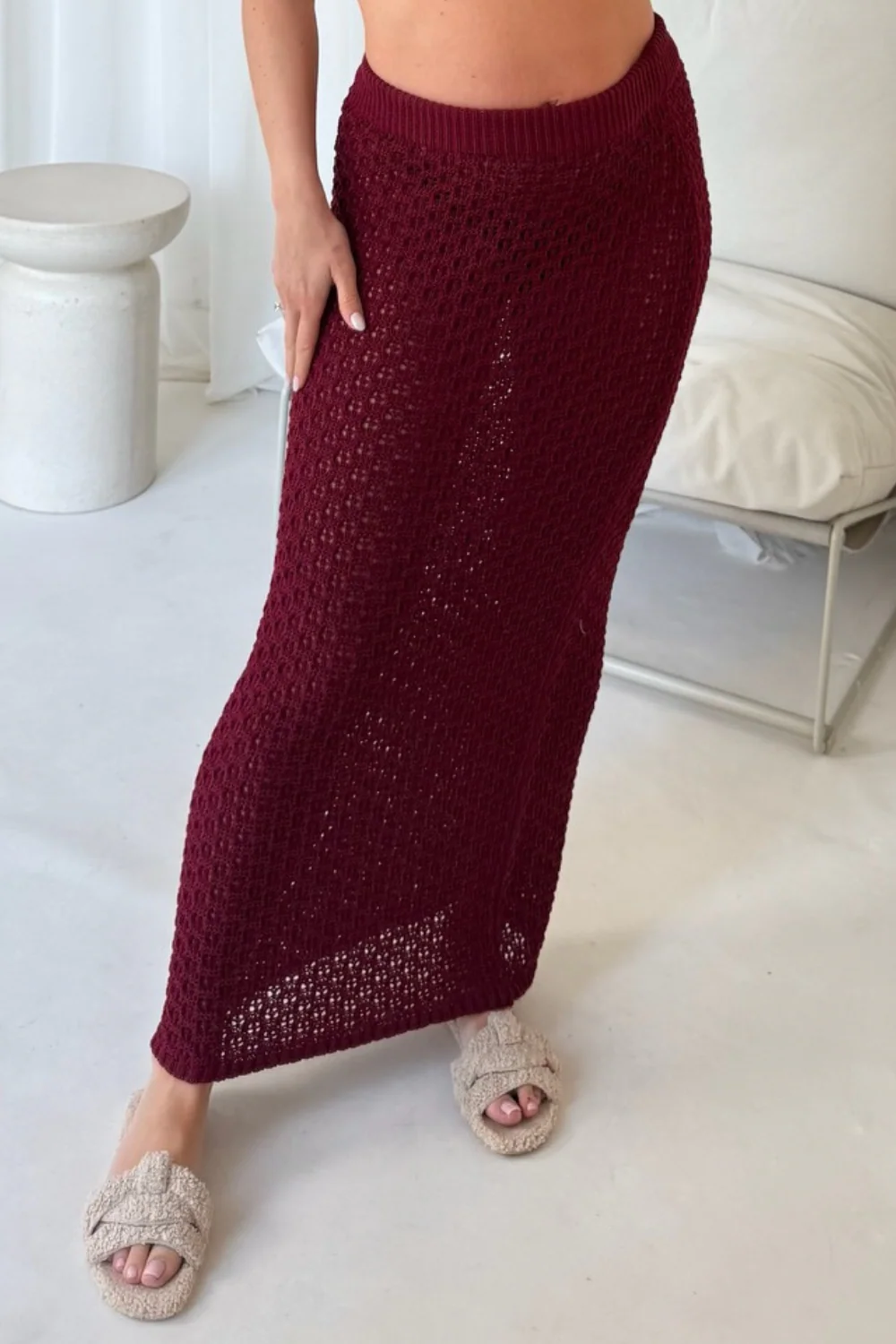 Diana burgundy crochet cardigan skirt co-ord - Image 8