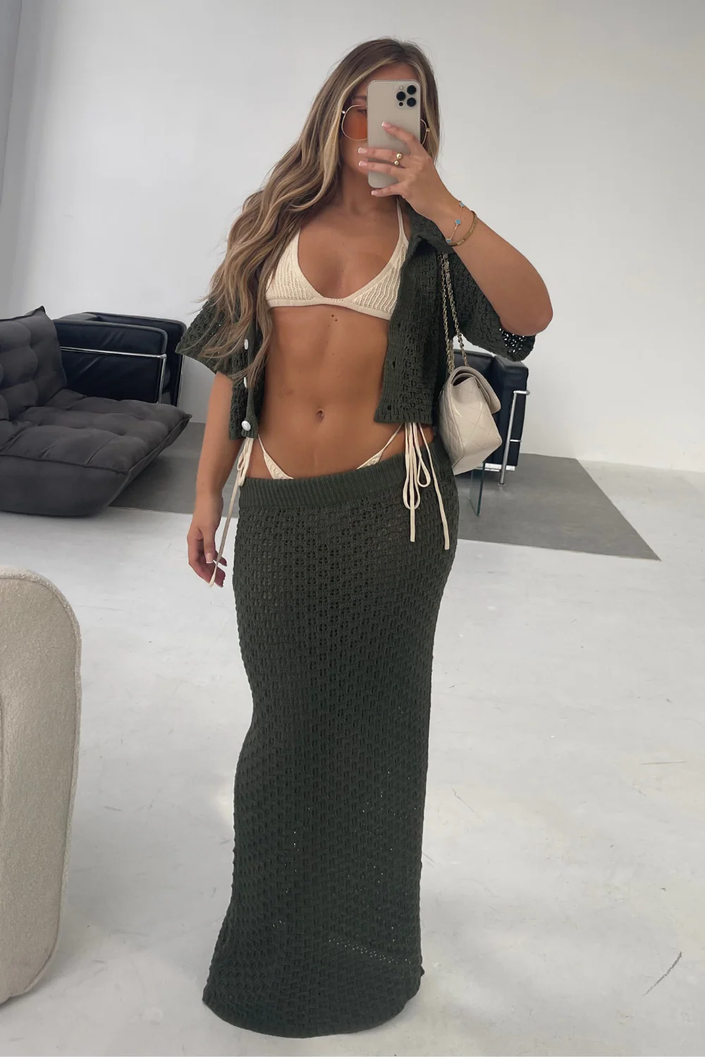 Diana khaki crochet cardigan skirt coord - Image 5