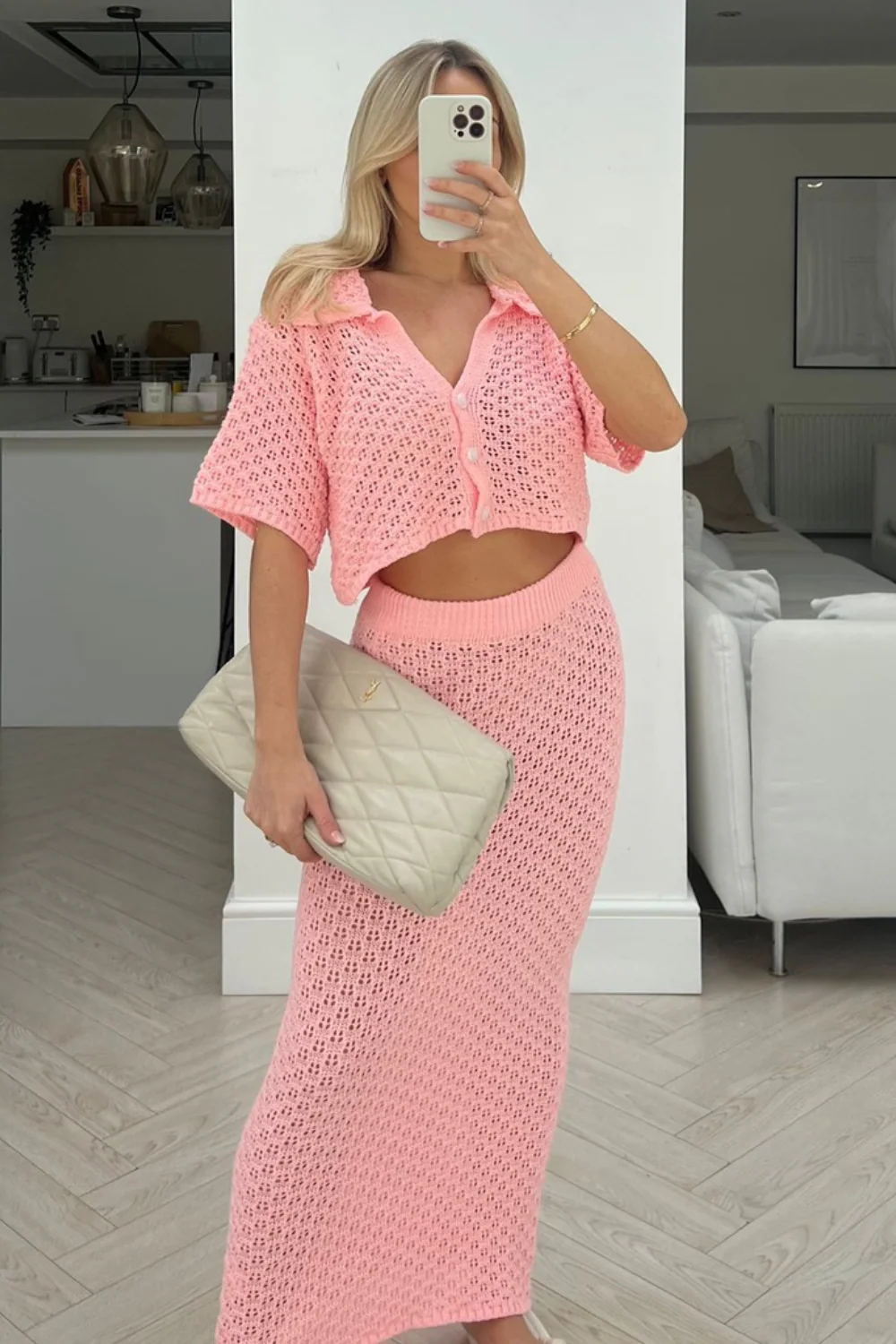 Diana pink crochet cardigan skirt co-ord - Image 2