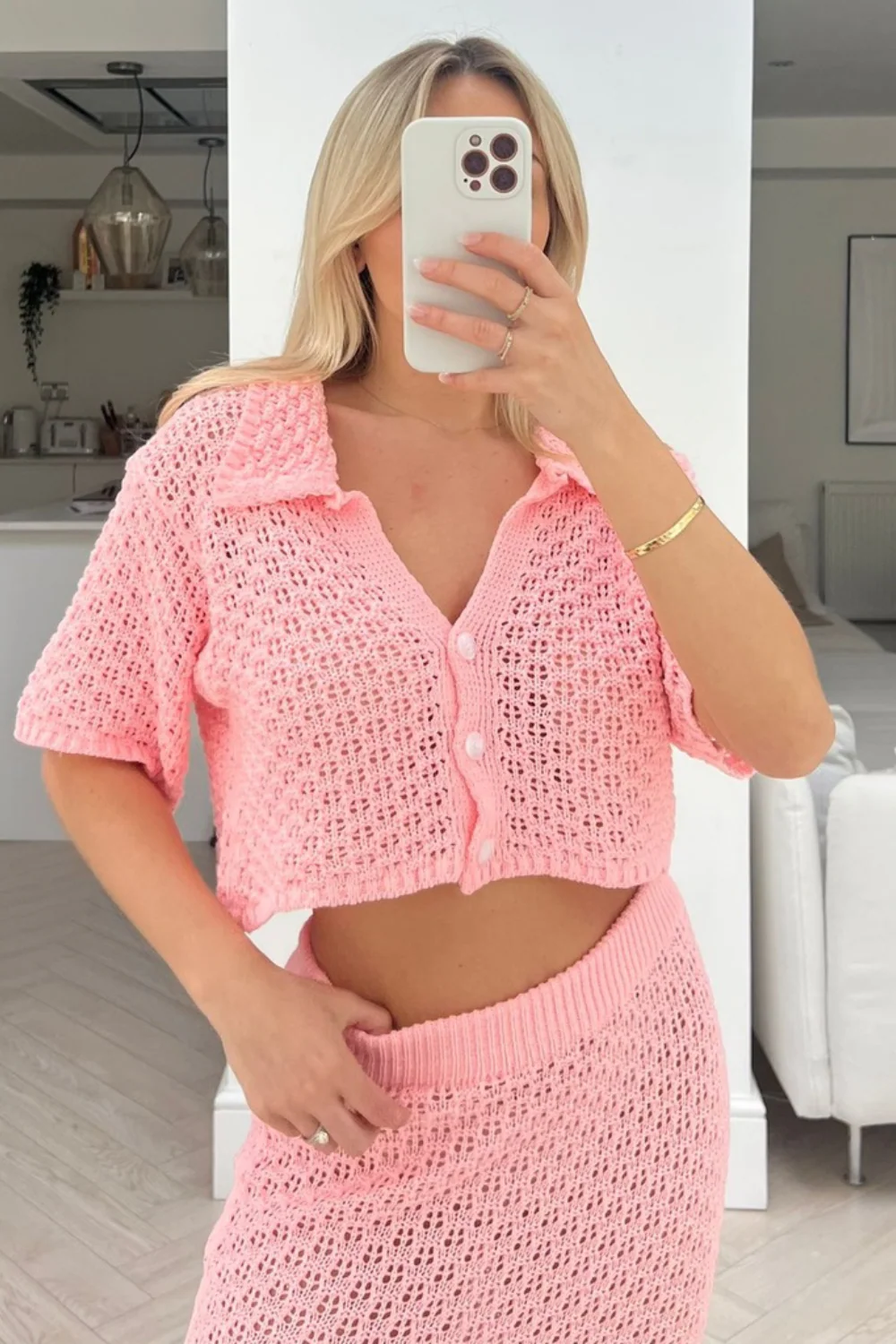Diana pink crochet cardigan skirt co-ord - Image 3