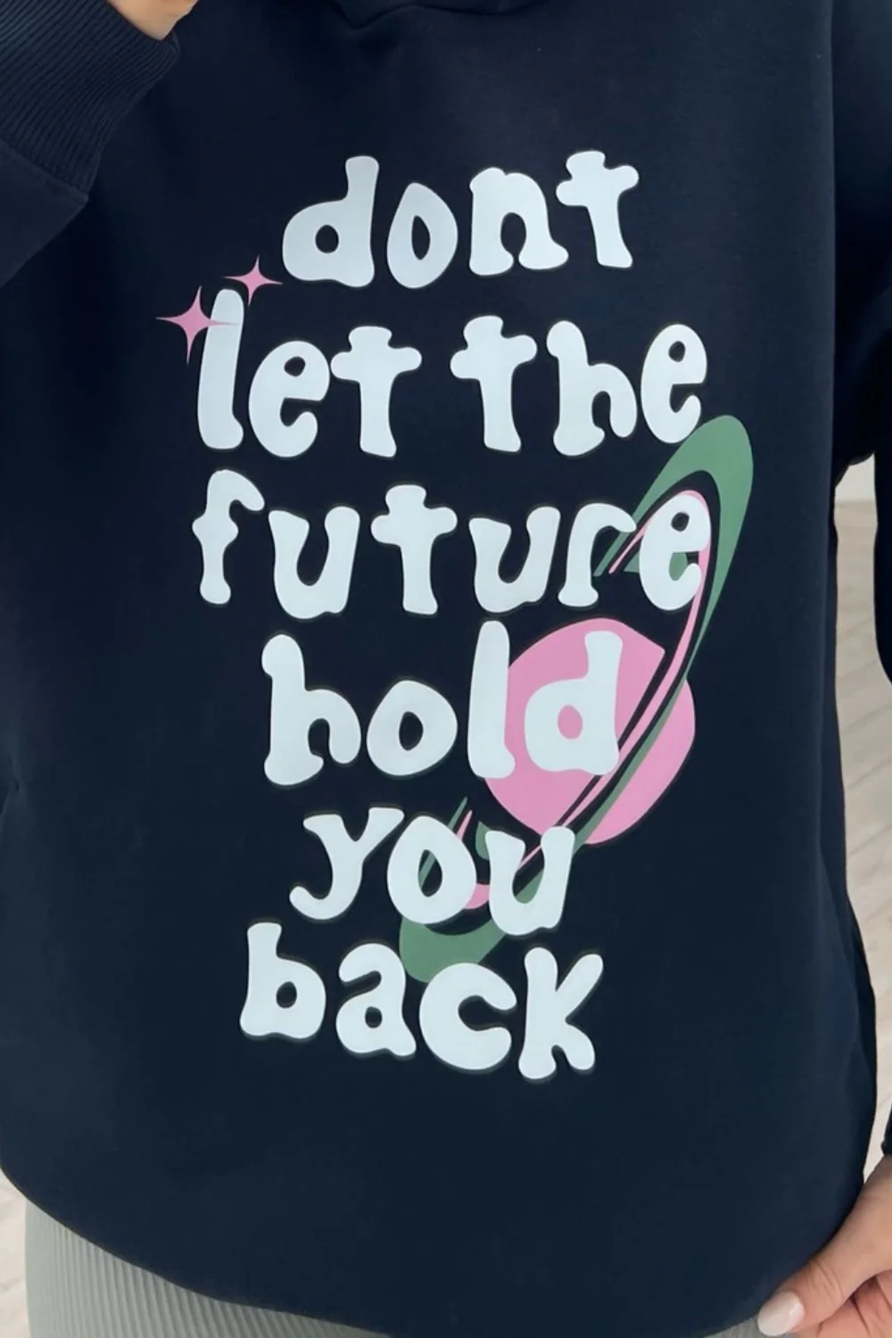 Dont let the future hold you back premium navy printed hoodie - Image 2