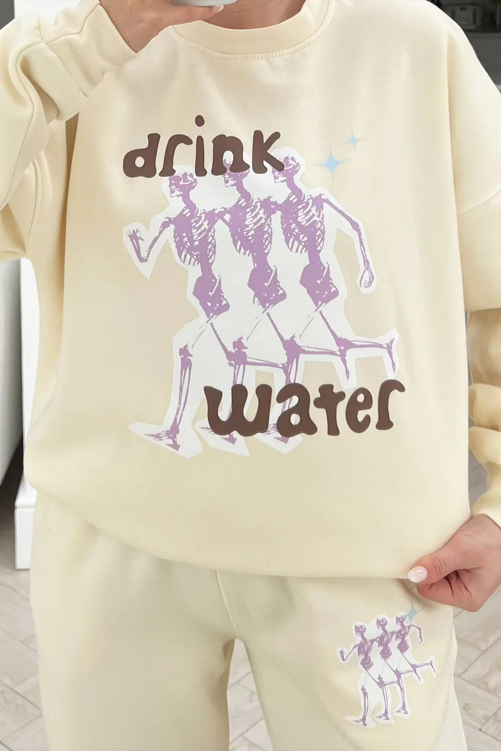 Drink Water Ecru printed sweater loungewear set - Image 2