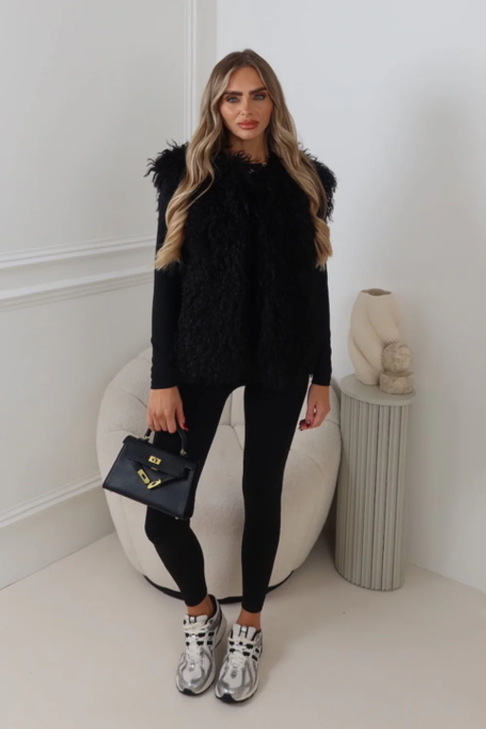 DULCIE BLACK MONGOLIAN FAUX FUR GILET