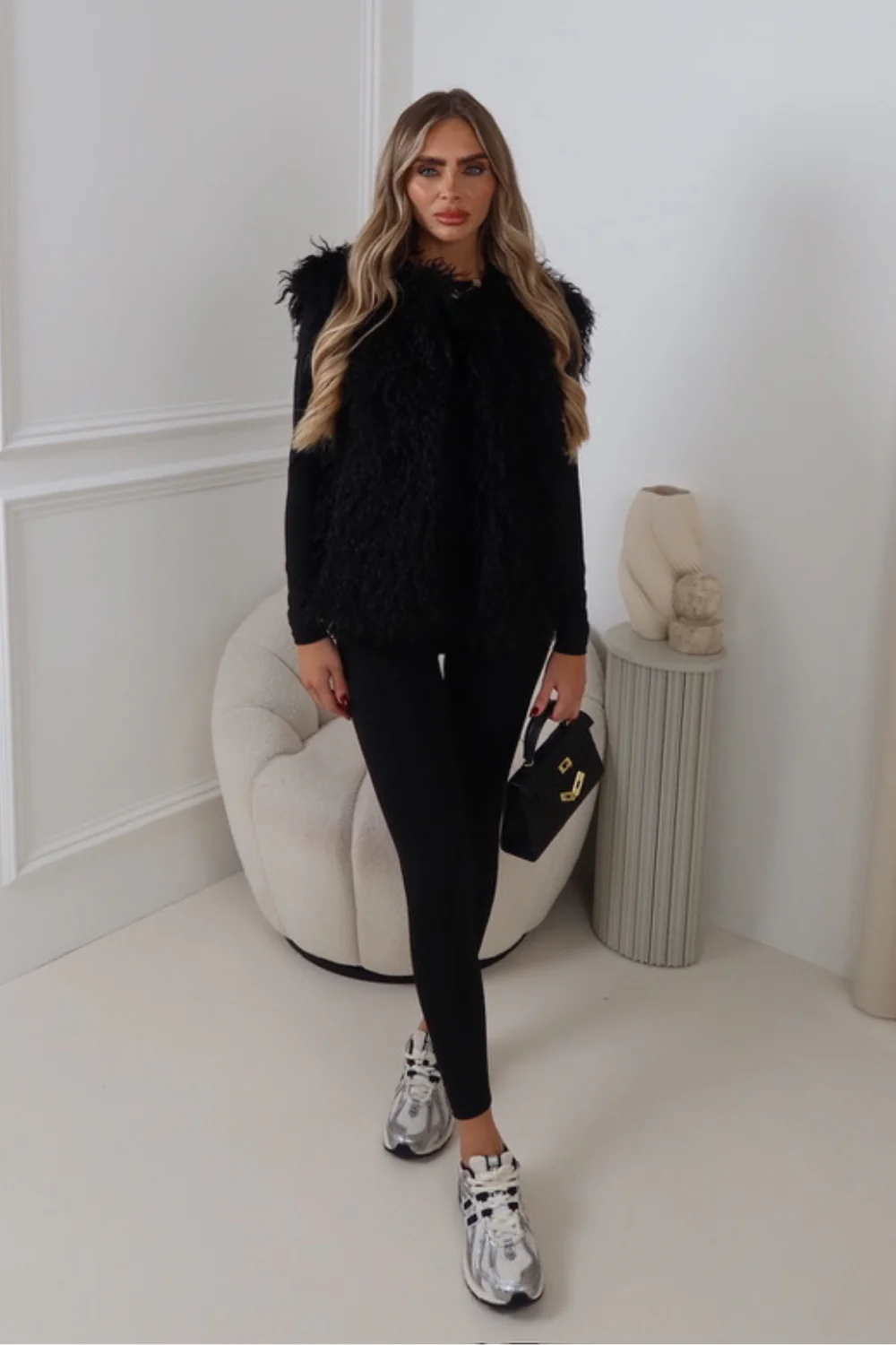 DULCIE BLACK MONGOLIAN FAUX FUR GILET - Image 2
