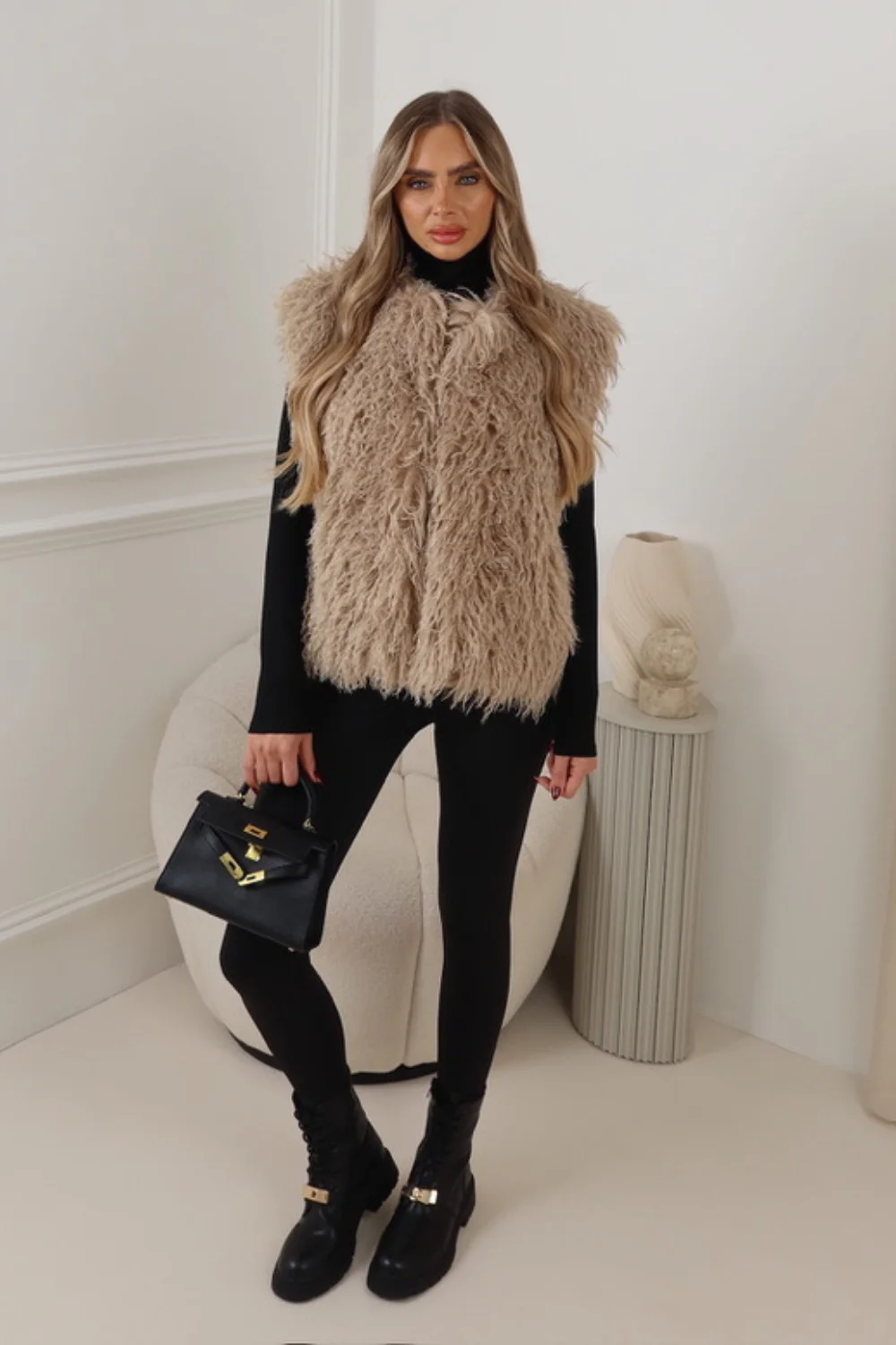DULCIE MONGOLIAN FAUX FUR GILET BEIGE - Image 2