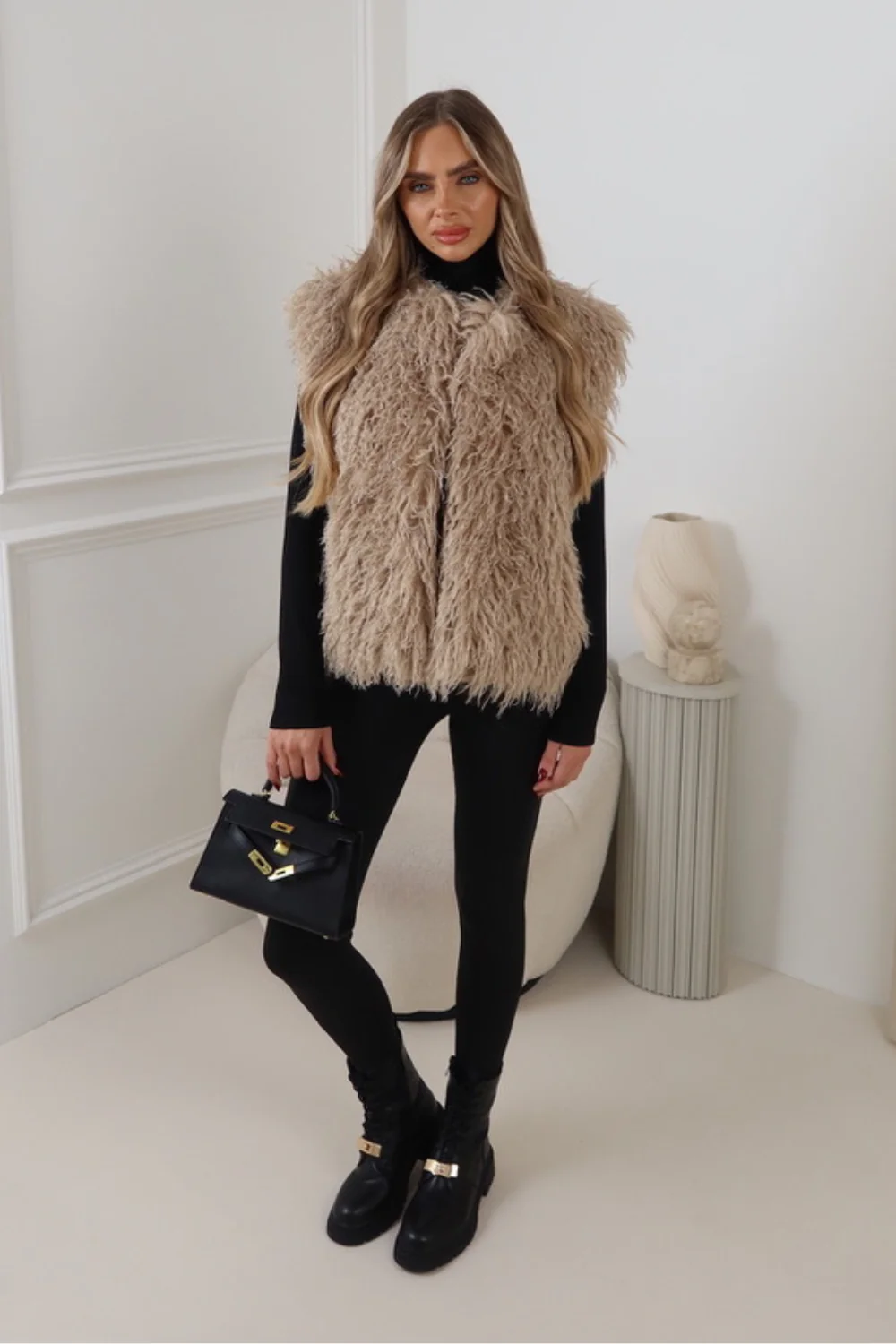 DULCIE MONGOLIAN FAUX FUR GILET BEIGE - Image 3