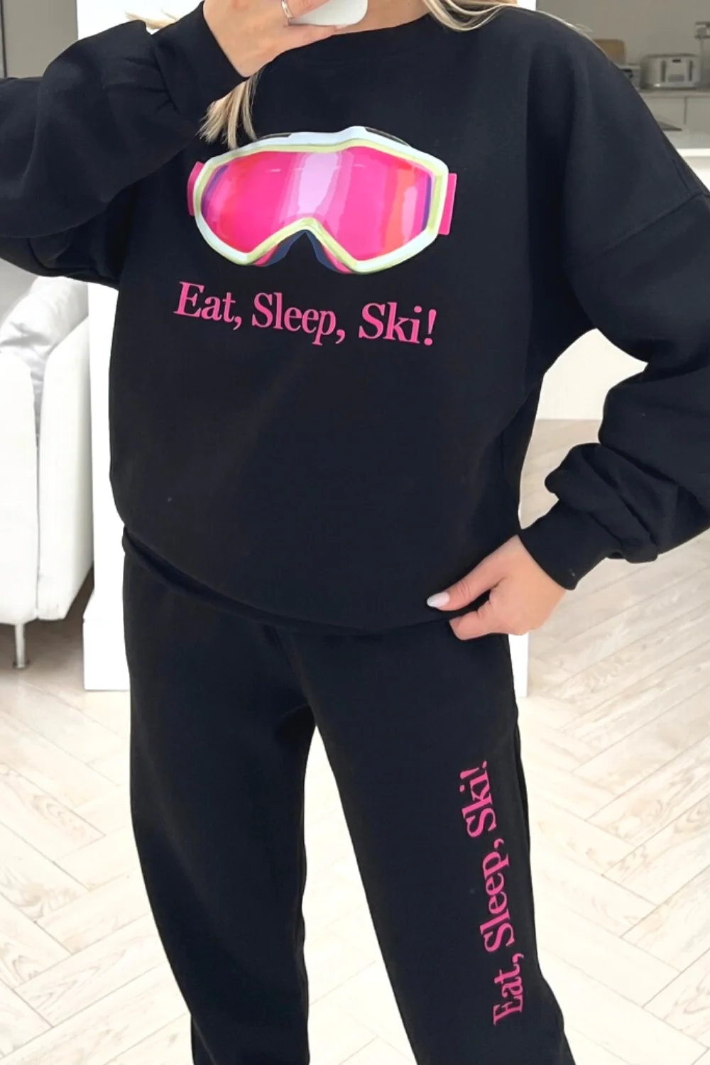 Eat Sleep Ski black printed sweater loungewear set - Image 2