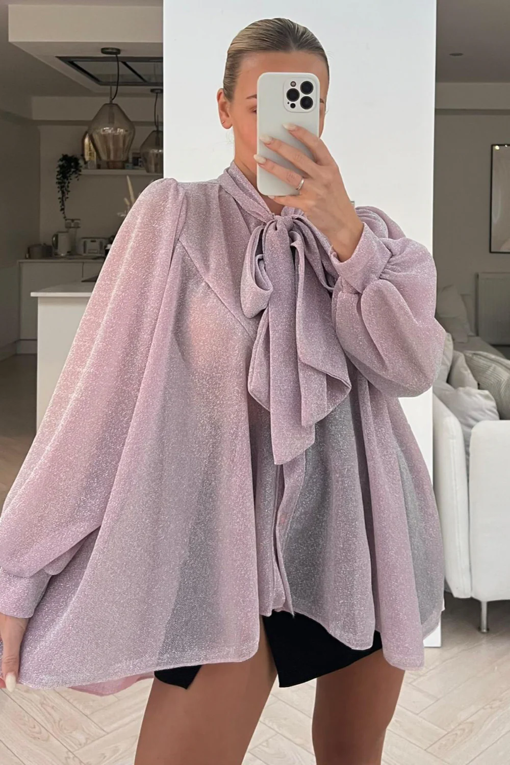 Eleanor baby pink bow tie shimmer blouse