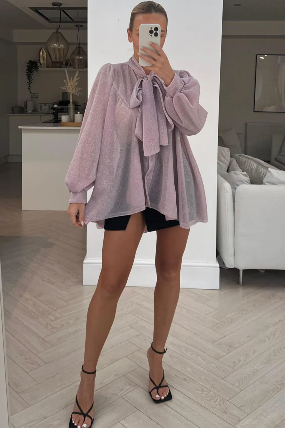 Eleanor baby pink bow tie shimmer blouse - Image 2