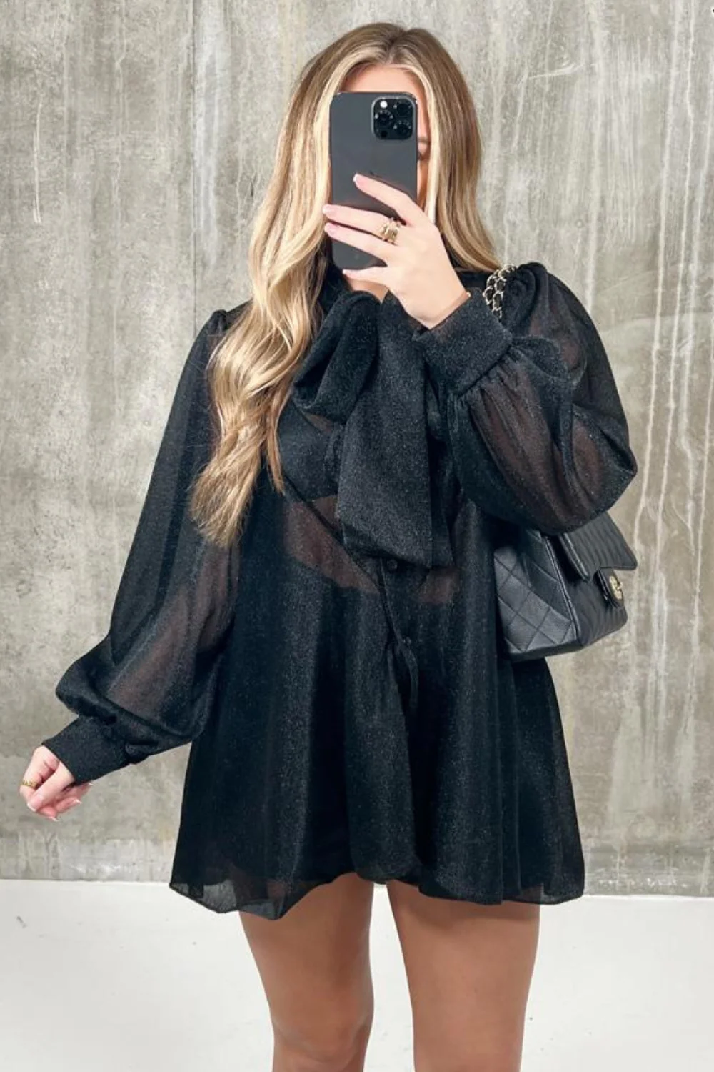 Eleanor Black bow tie shimmer blouse - Image 2