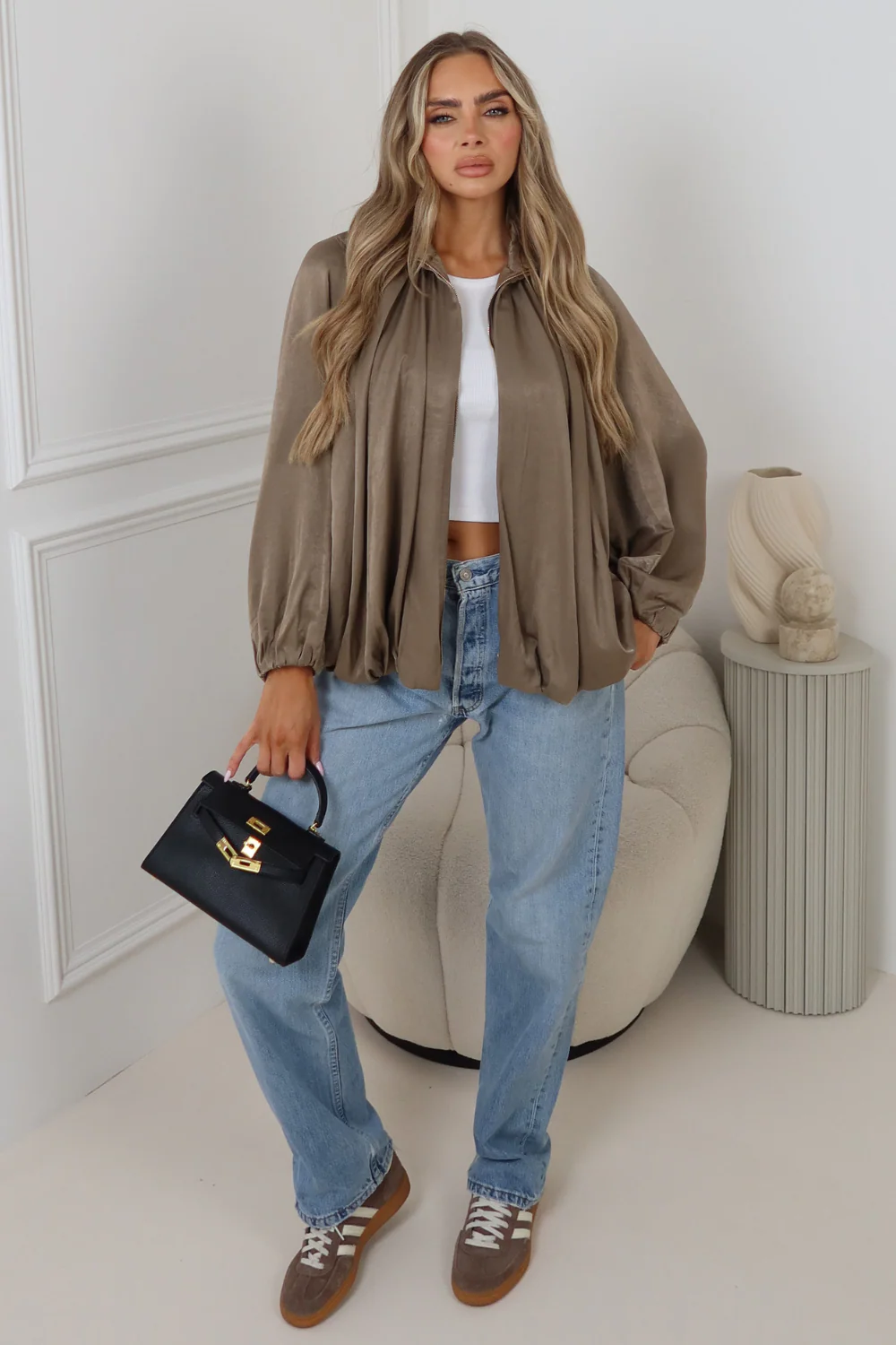 Eleanor mocha zip up satin bomber jacket