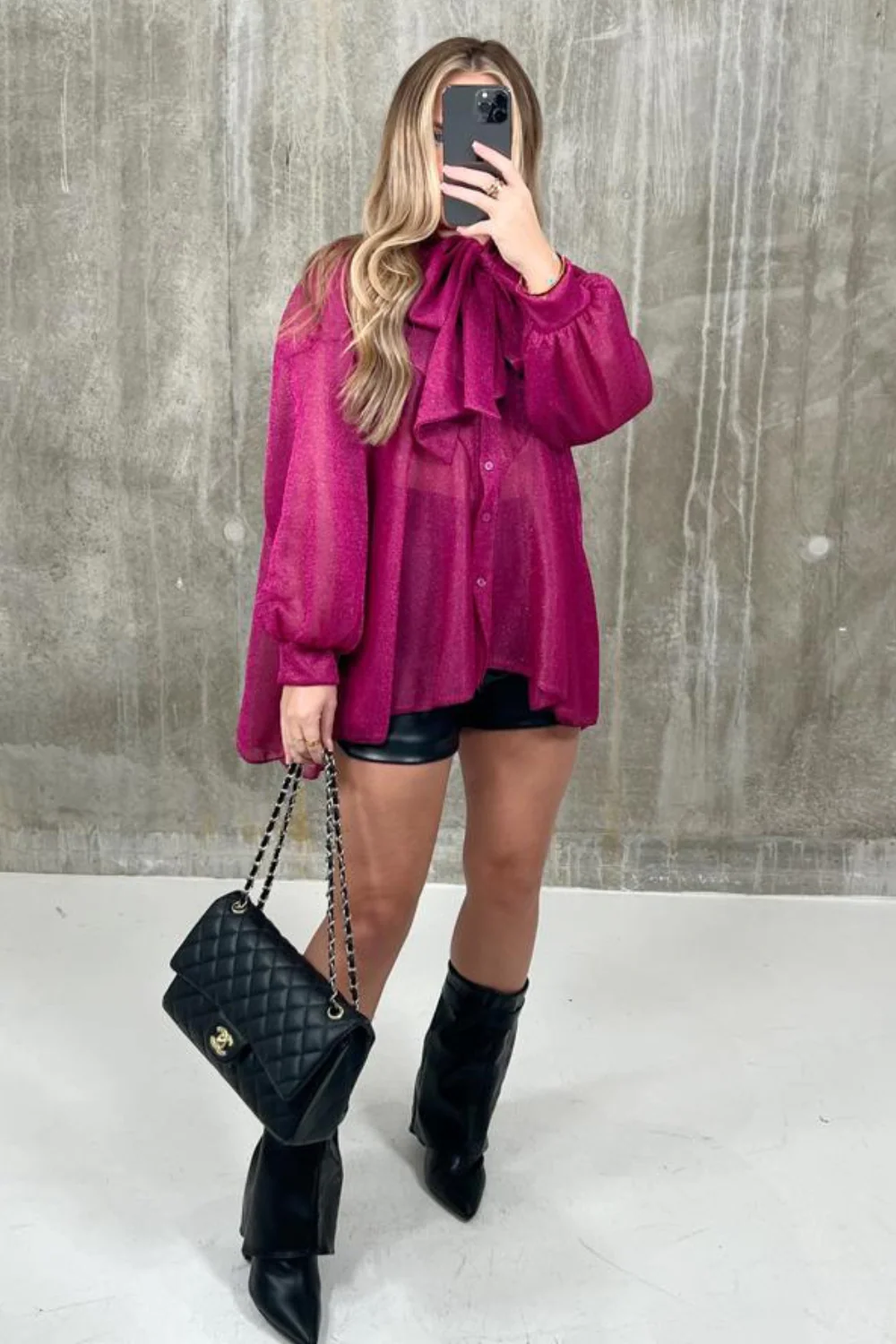 Eleanor fuchsia bow tie shimmer blouse