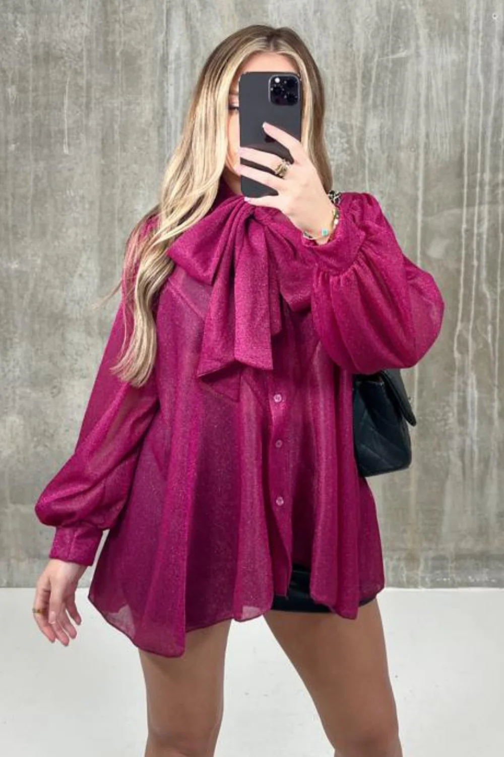 Eleanor fuchsia bow tie shimmer blouse - Image 2