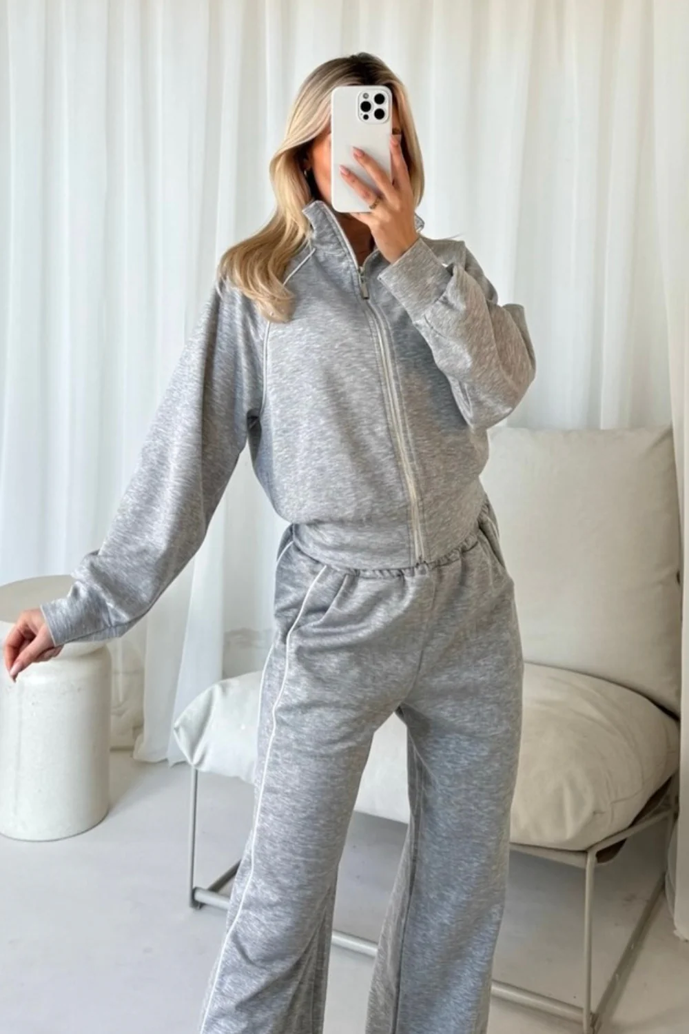 Elise marl grey contrast piping zip through jacket & trouser loungewear - Image 4