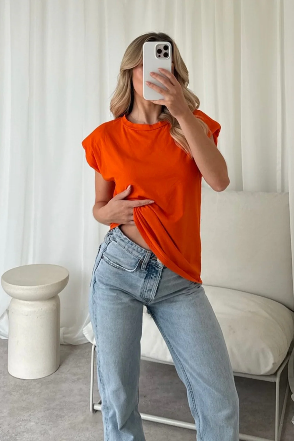 Eliza orange shoulder pad box tshirt