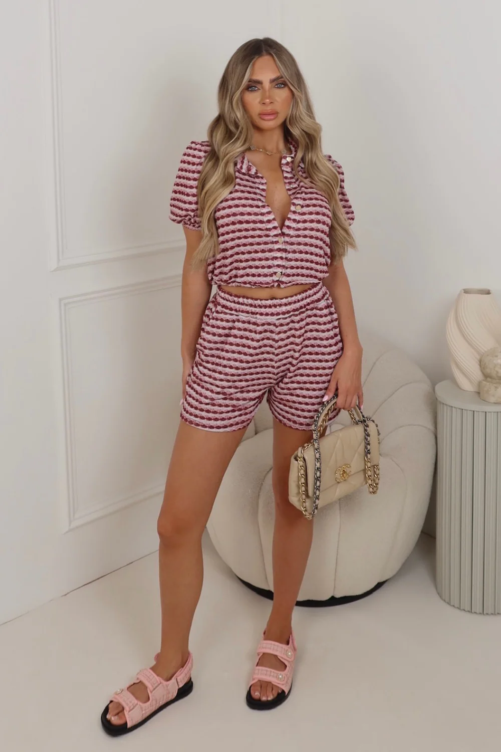 Elliah pink patterned cropped shirt & shorts co ord