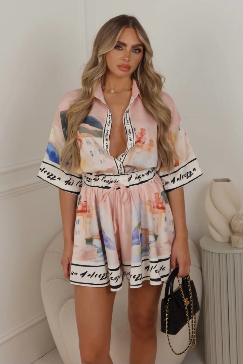 Elliah pink patterned shirt & shorts co ord
