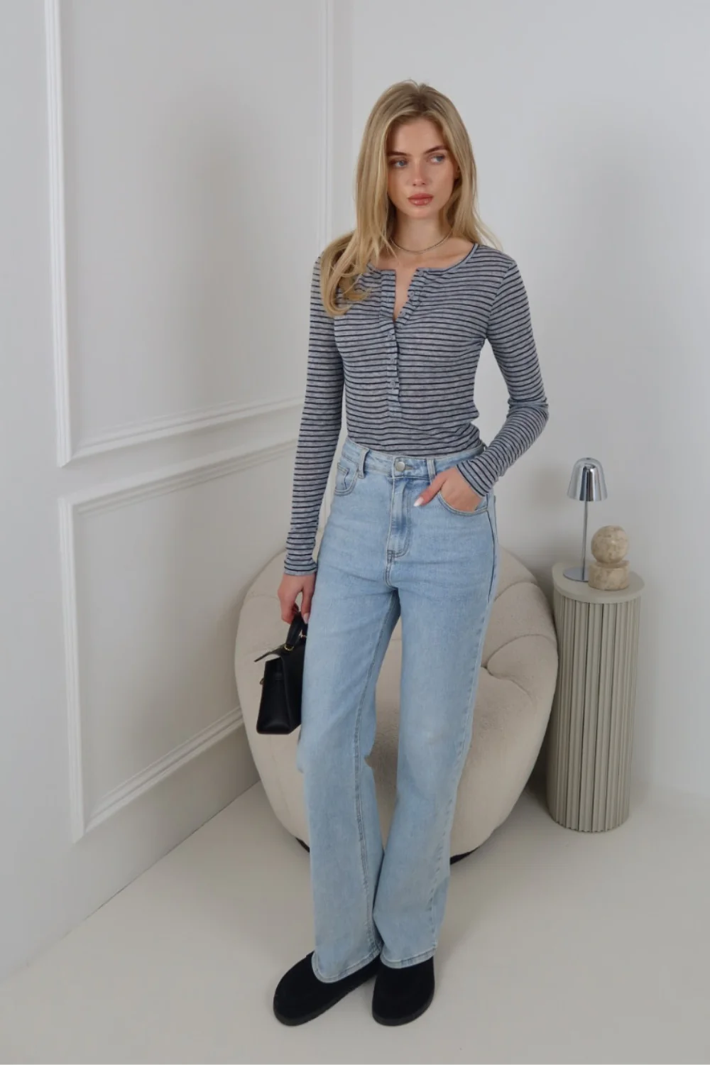 ELLIE GREY STRIPED BUTTON UP LONG SLEEVE TOP - Image 2