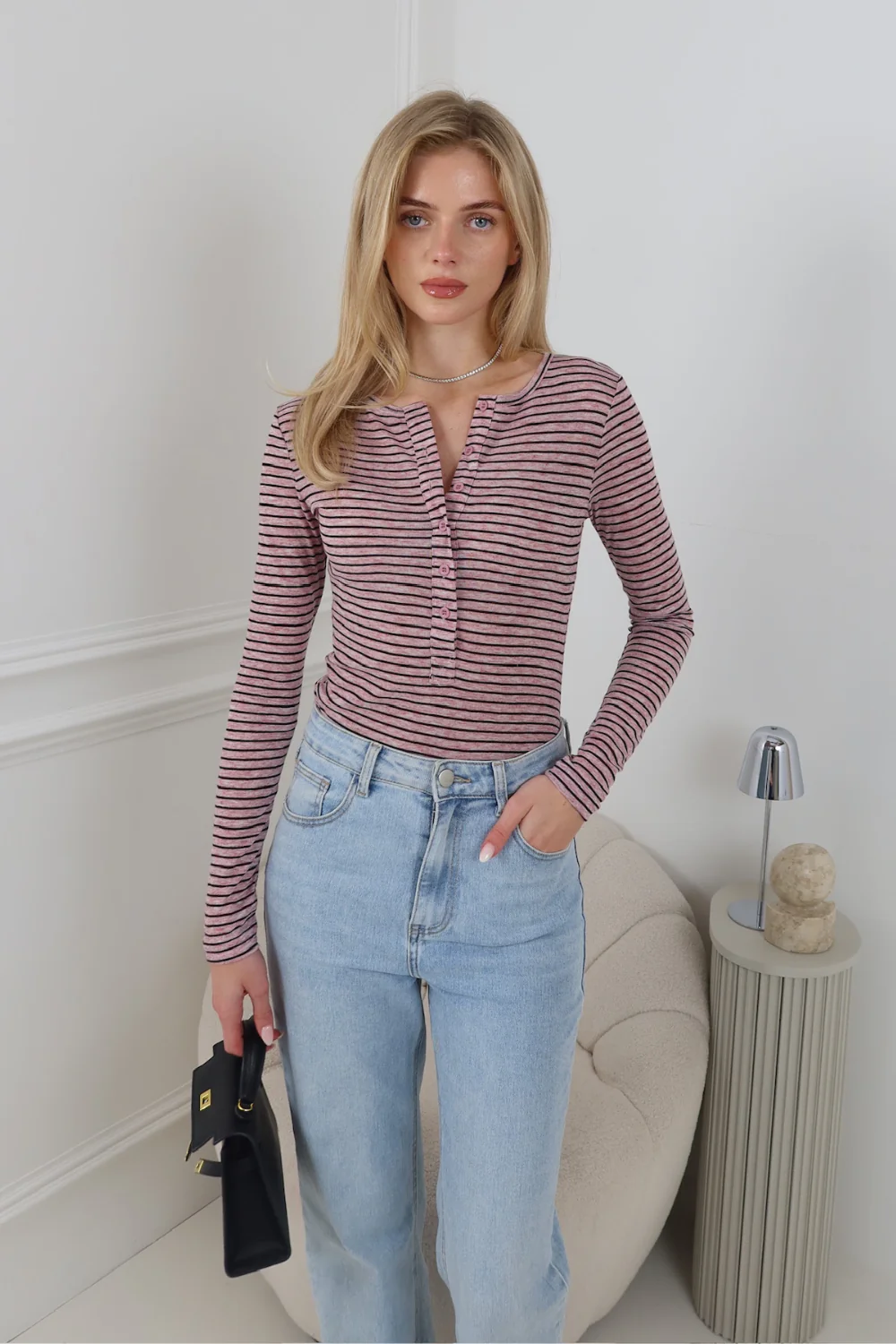 ELLIE PINK STRIPED BUTTON UP LONG SLEEVE TOP