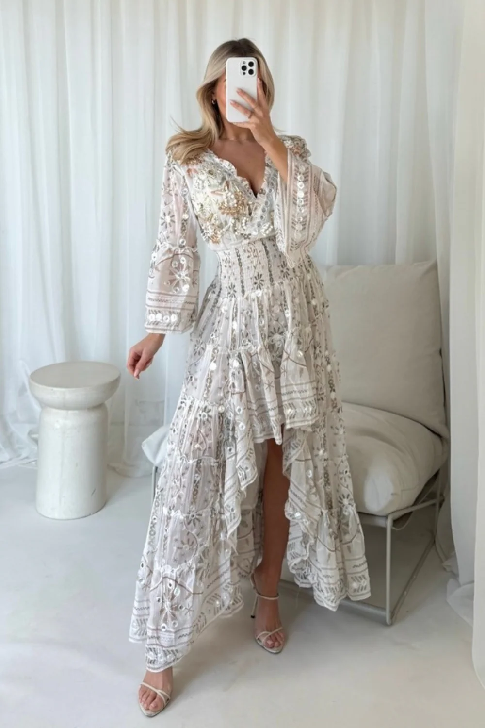 Eloise cream embellished high low tiered dress - Image 2