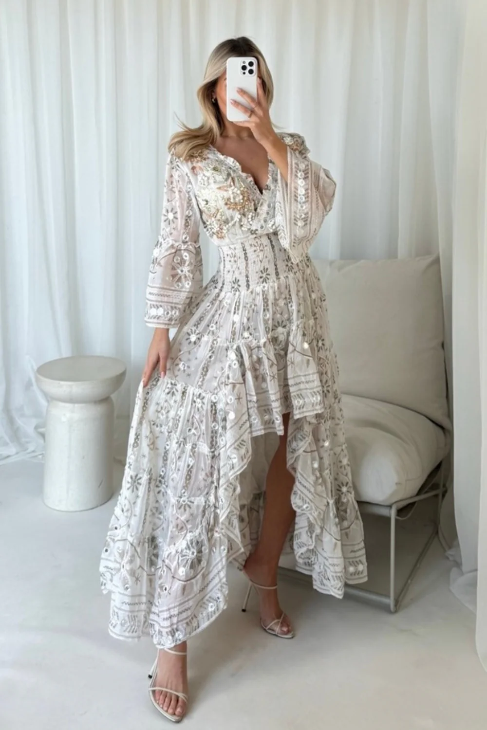 Eloise cream embellished high low tiered dress - Image 3