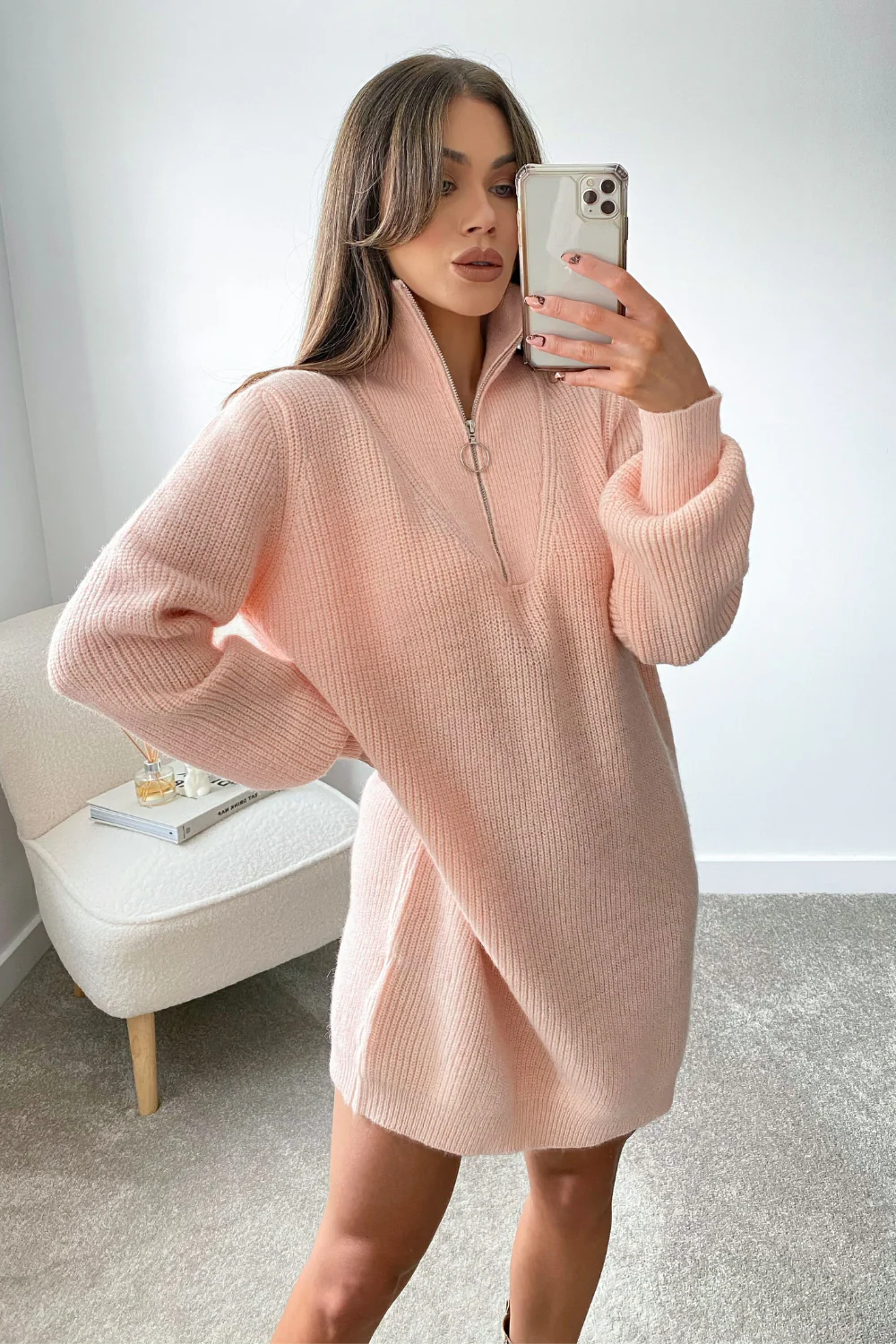 Elouise Powder Pink Zip up High Neck Jumper Dress - Image 4