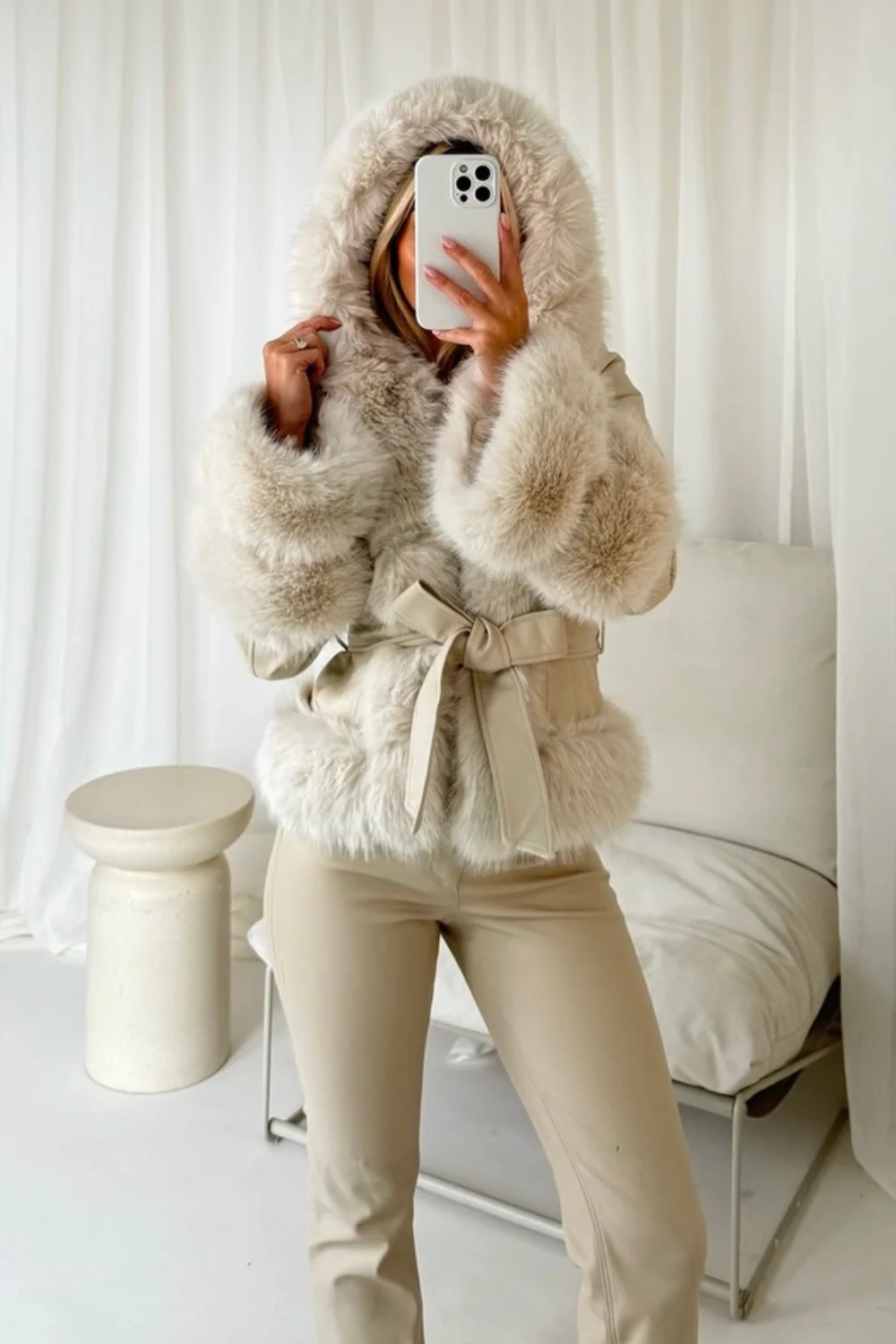 Emelia Cream hooded faux leather Faux fur coat - Image 3