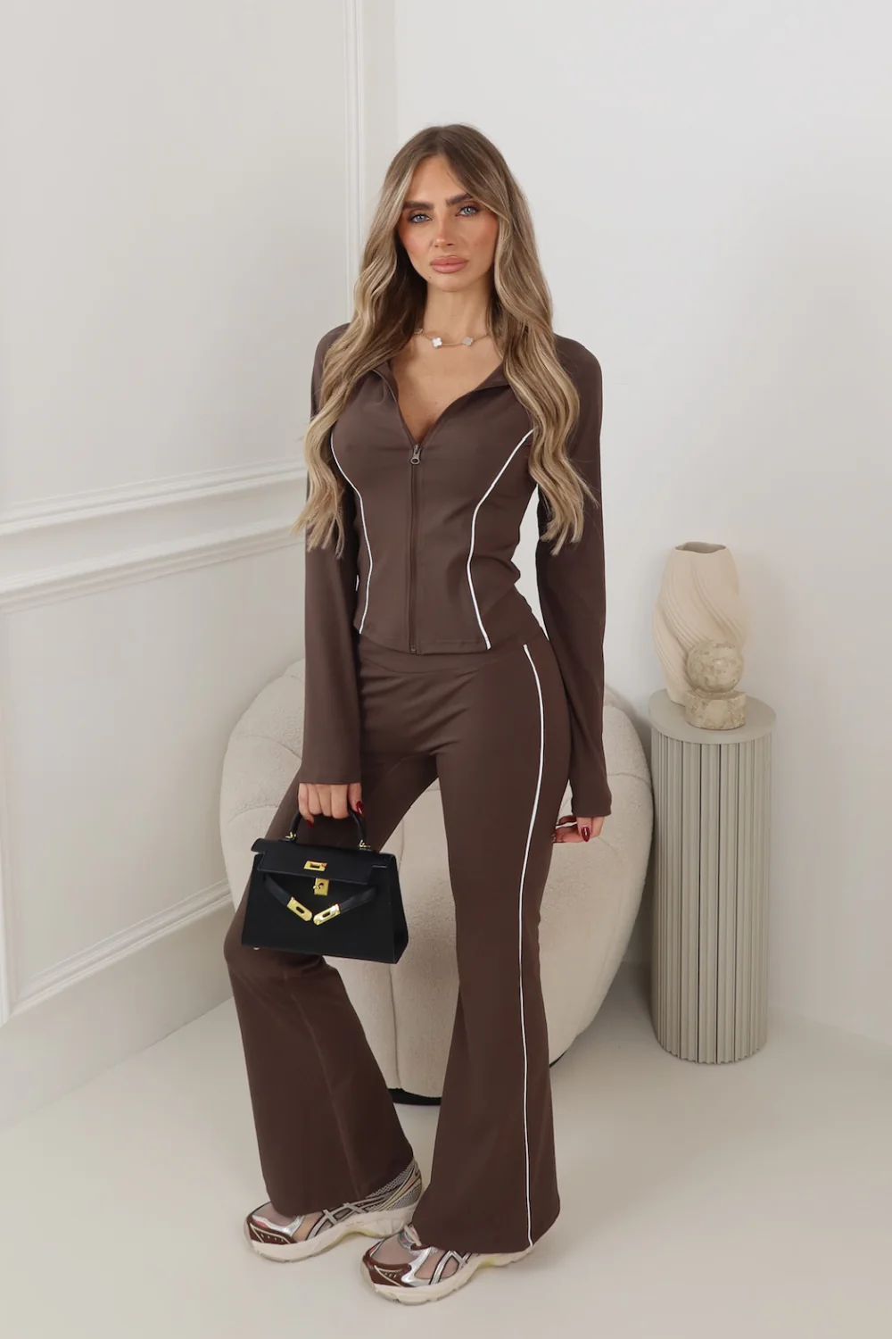 EMILY CHOCOLATE PIPED FULL ZIP JACKED AND FLARED LEGGINGS GYM SET