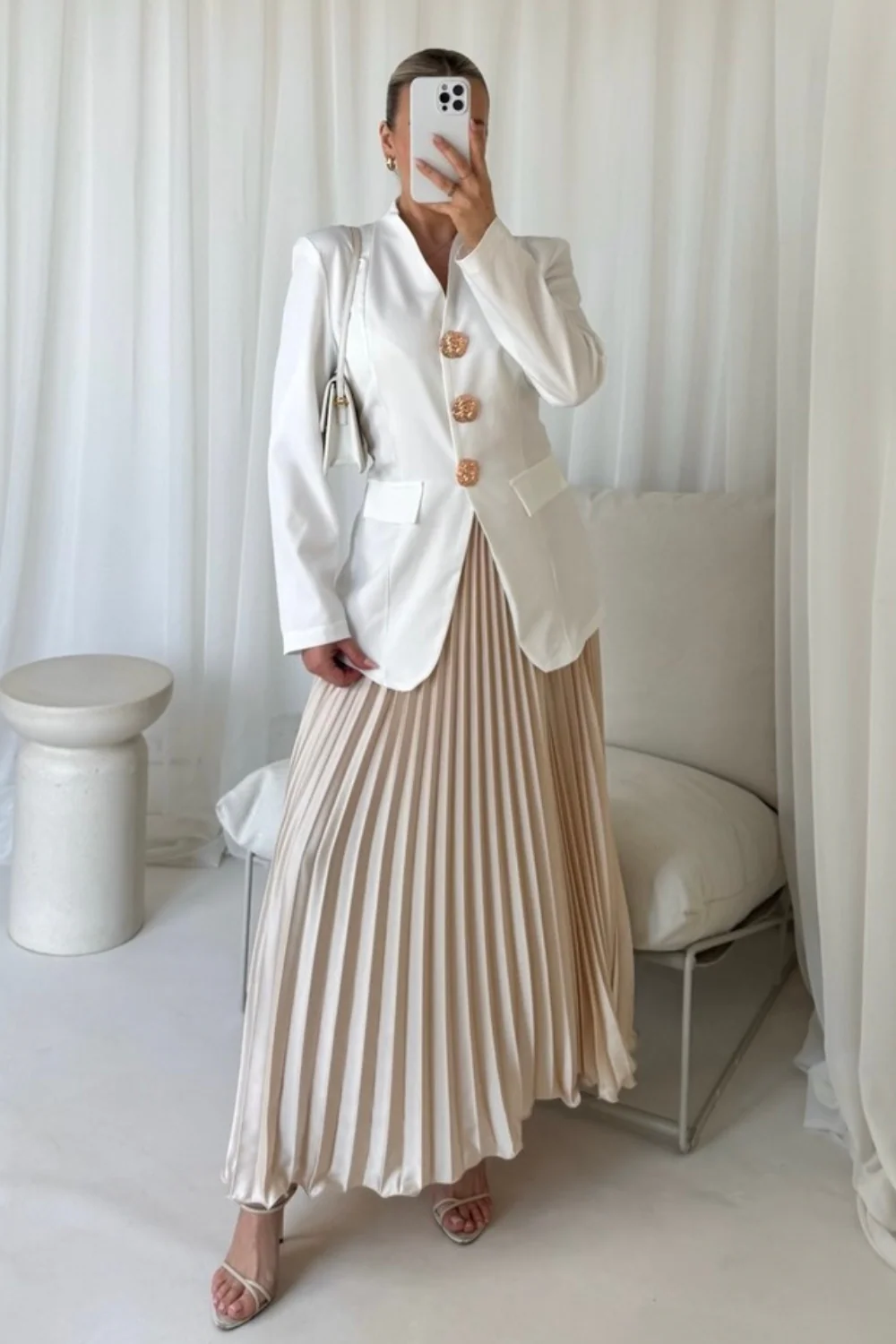 Emma cream pleated midi skirt - Image 2