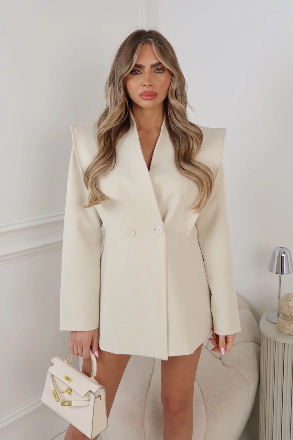 EMMA CREAM SHOULDER PADDED CINCHED WAISTED BLAZER