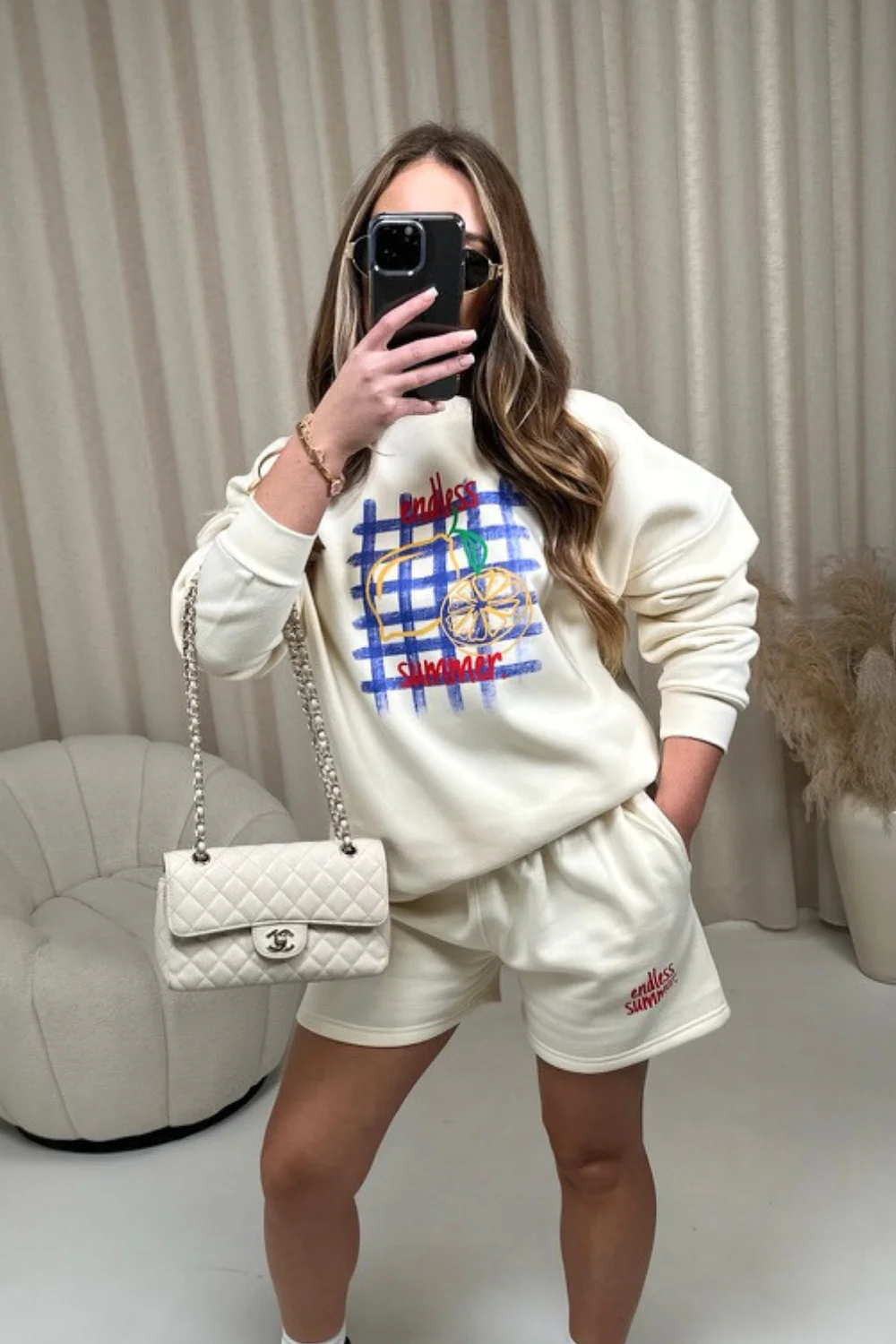 Endless summer ecru printed sweater shorts loungewear - Image 2