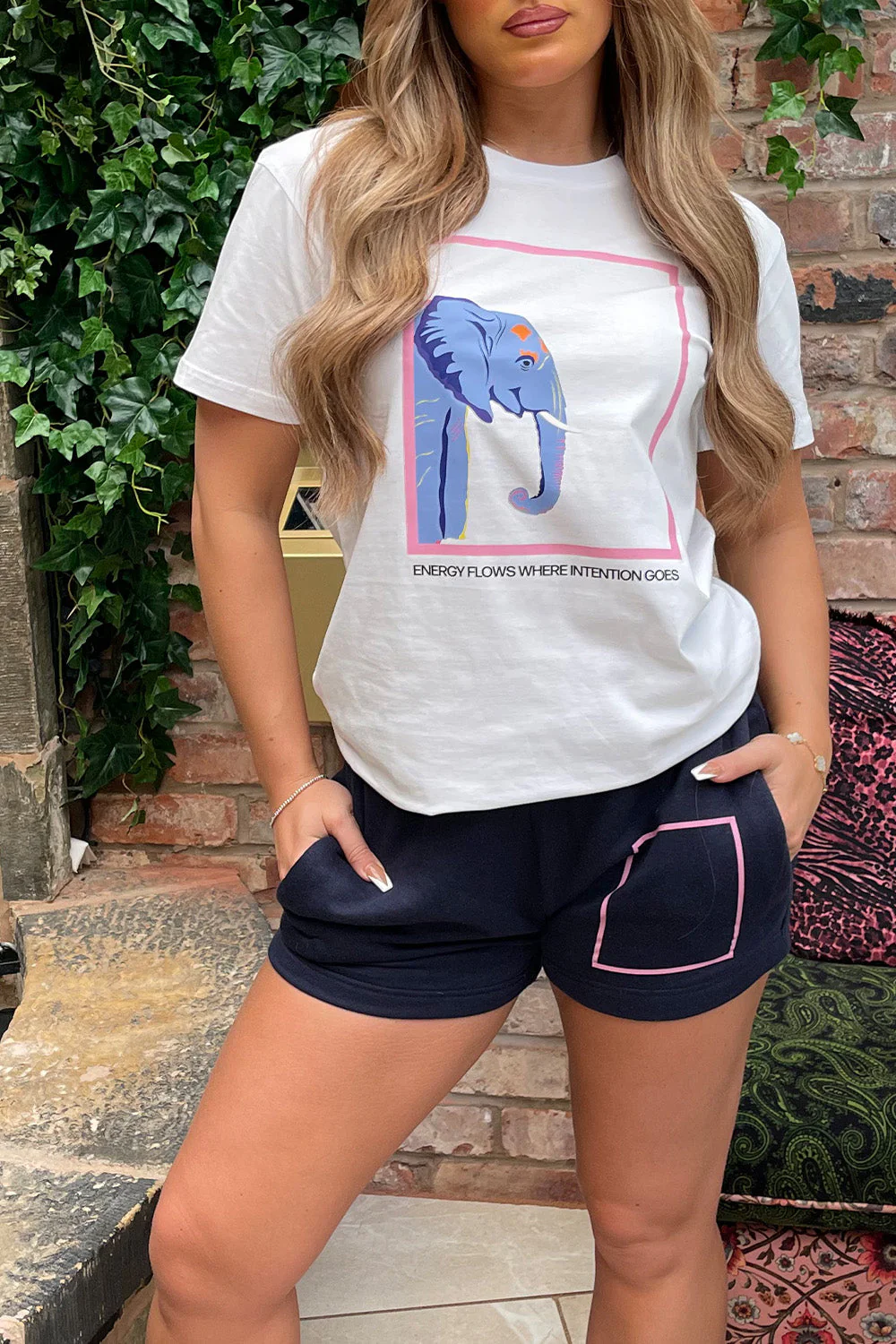 Energy Flows White & Navy Printed short loungewear set - Image 2