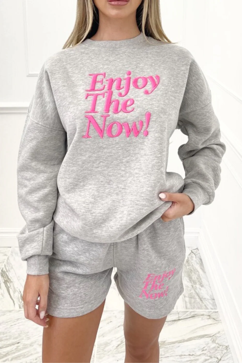 enjoy the now grey embroidered sweater short loungewear set - Image 8